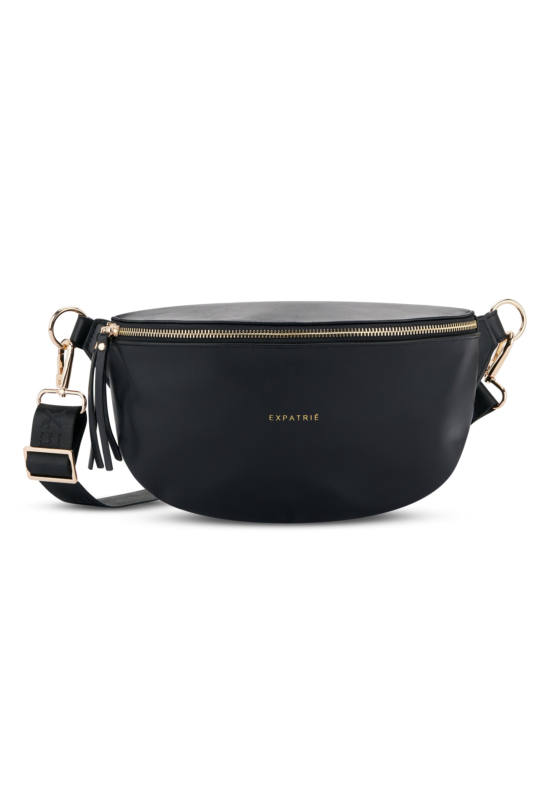 Schwarze Bauchtasche Alice Medium mit goldfarbenem Reißverschluss und verstellbarem schwarzen Gurt