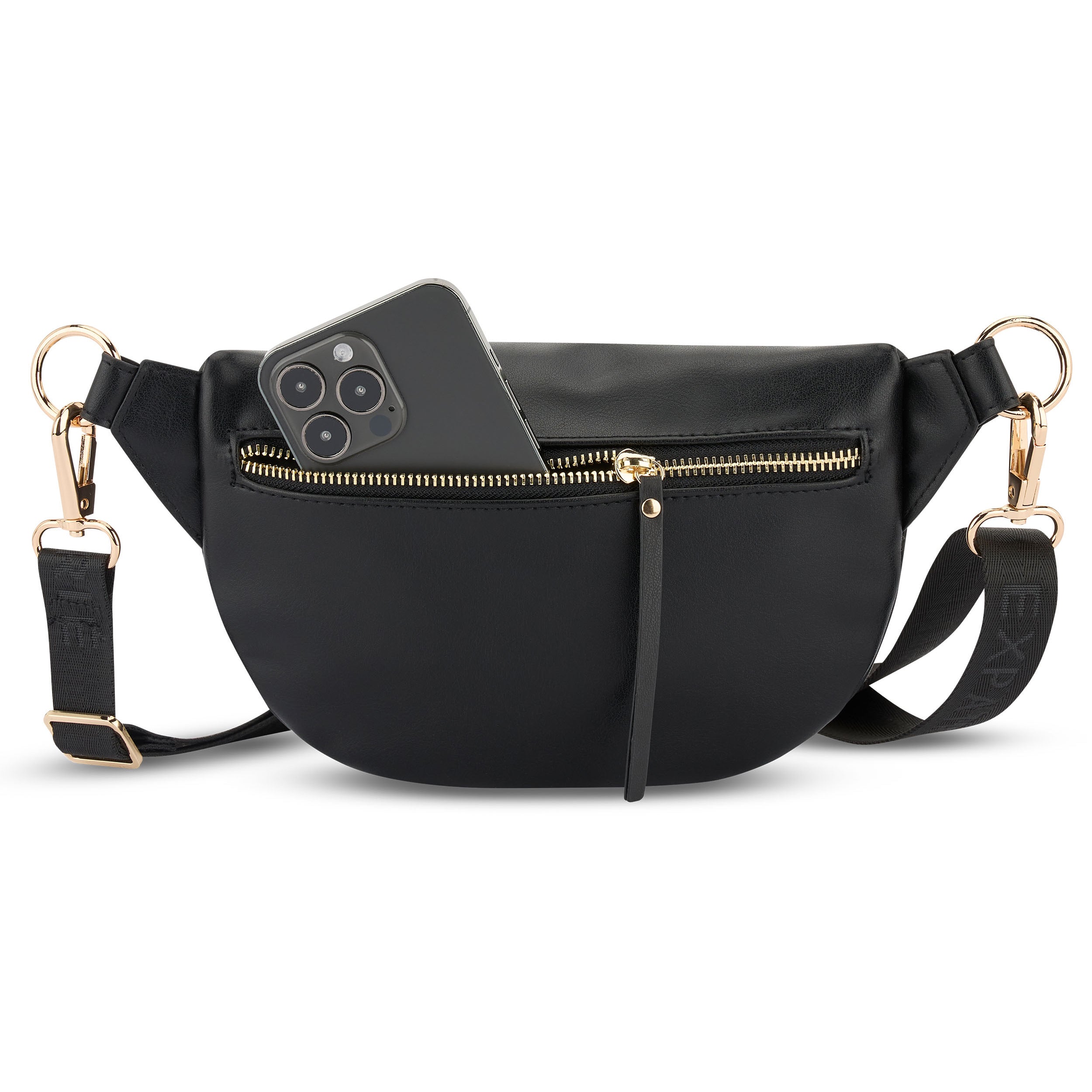 Schwarze Bauchtasche Alice Small aus Leder mit goldfarbenem Reißverschluss und schwarzem verstellbarem Gurt mit Markenprägung