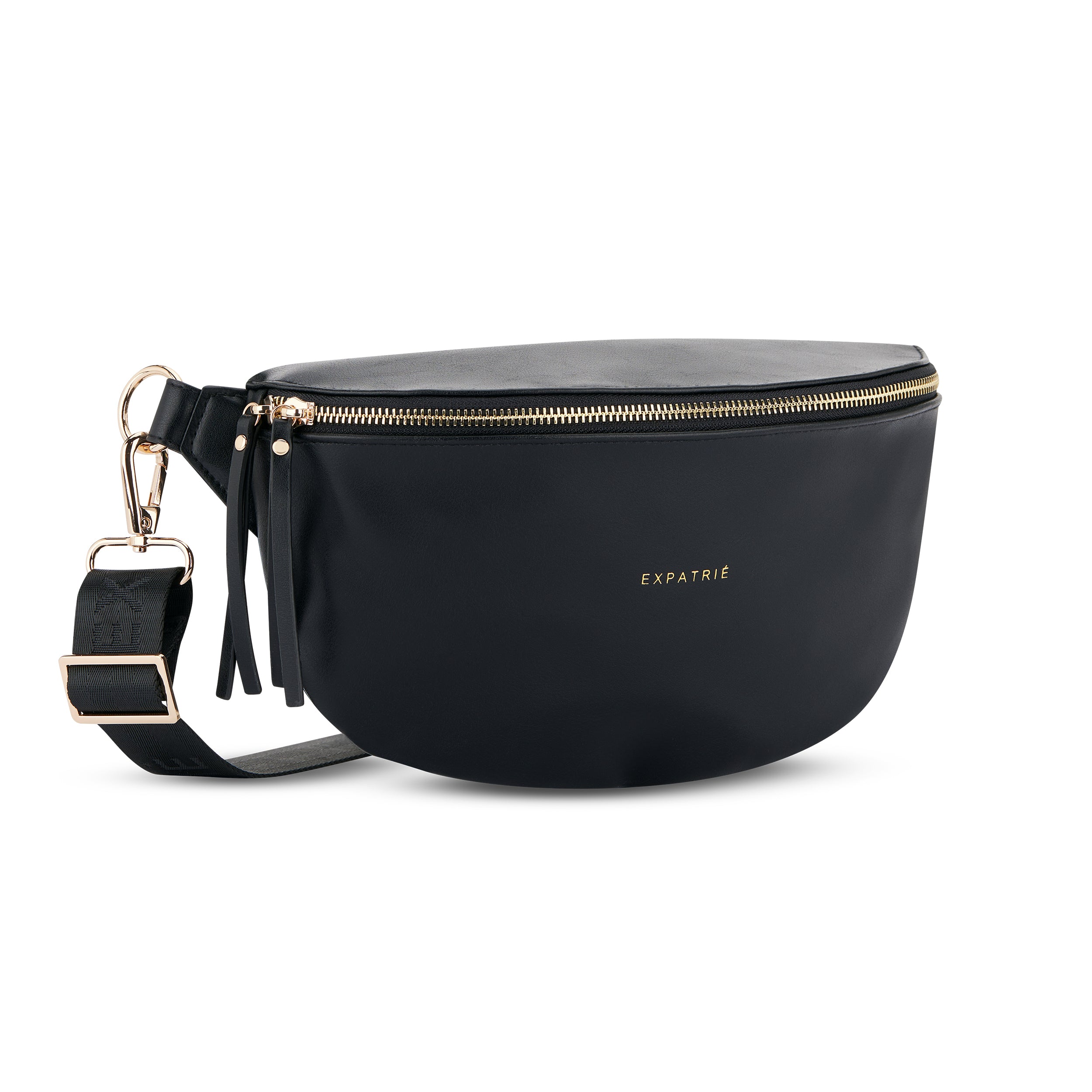 Schwarze Bauchtasche Alice Medium aus Leder mit goldfarbenem Reißverschluss und verstellbarem schwarzen Gurt