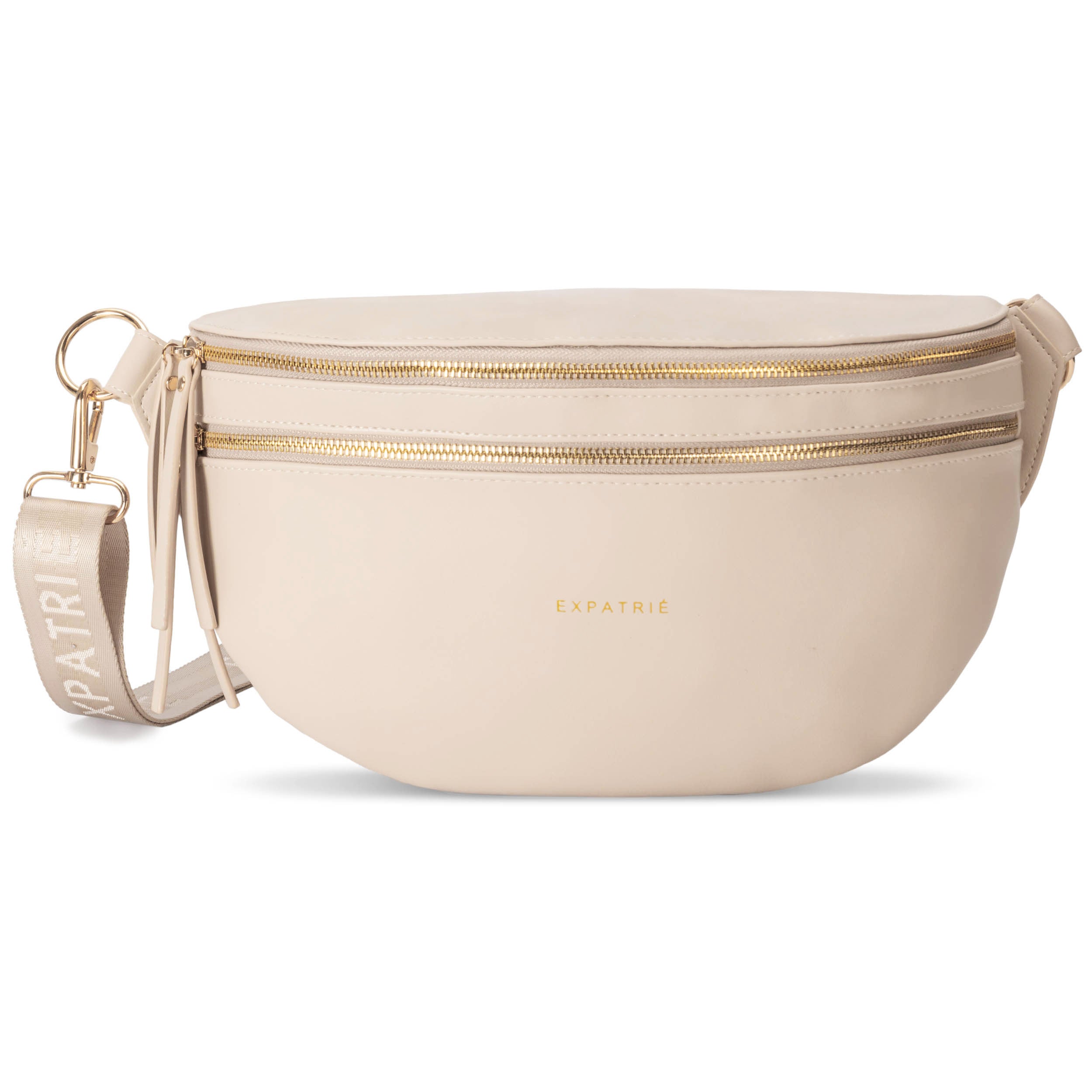 Große beigetöne Bauchtasche Alice Large von Expatrié mit zwei goldenen Reißverschlüssen und verstellbarem Logo-Gurt