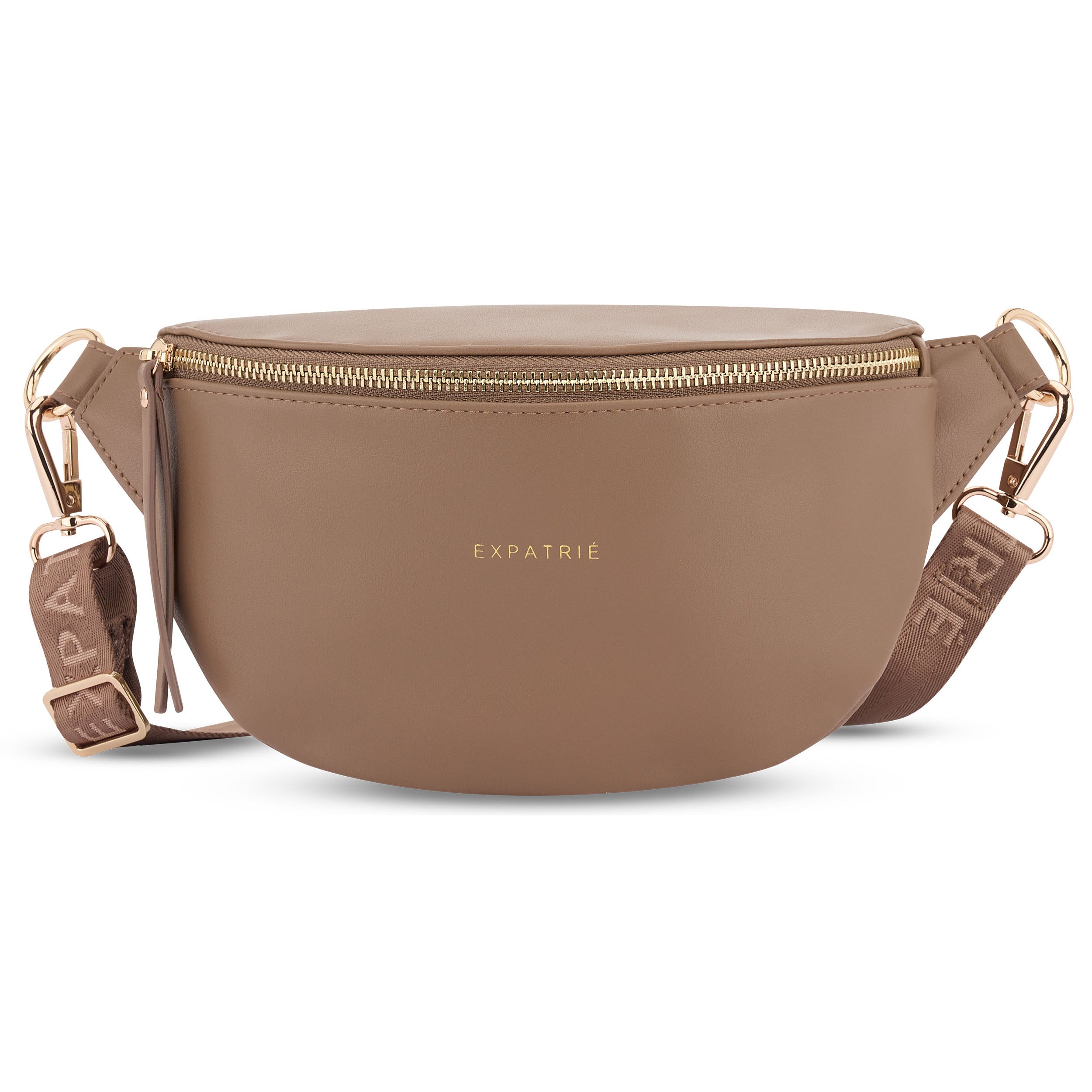 Braune Bauchtasche Alice Small von Expatrié mit goldfarbenem Reißverschluss und verstellbarem Logo-Gurt