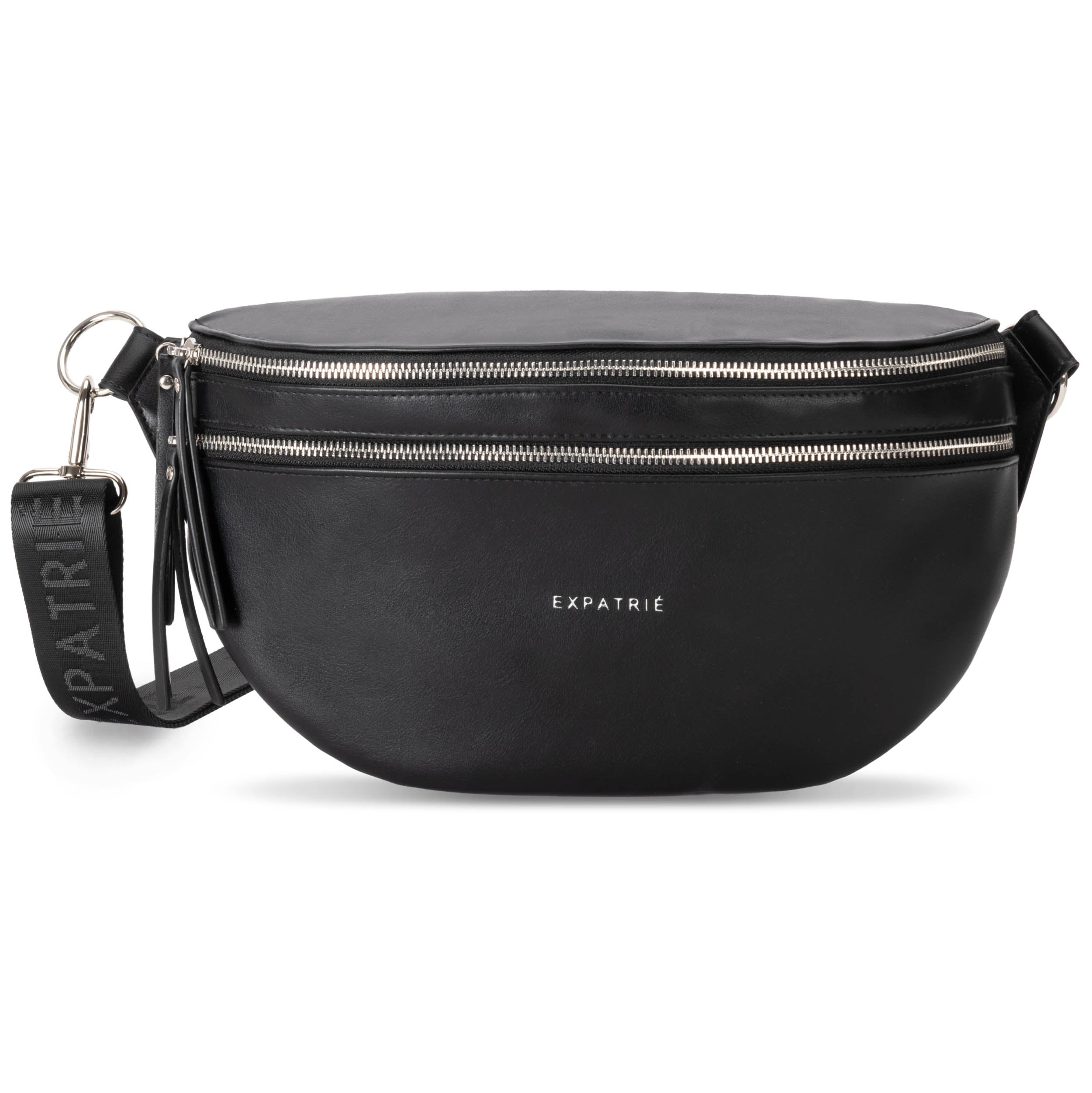 Schwarze Bauchtasche Alice Large mit zwei Reißverschlüssen und verstellbarem Riemen mit Aufdruck 'EXPATRIÉ'