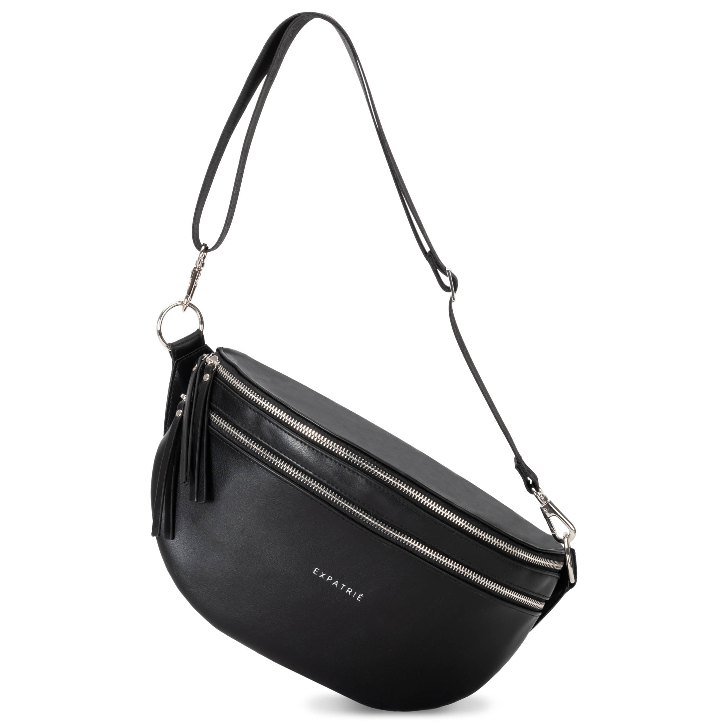 Große schwarze Bauchtasche Alice Large von Expatrié mit zwei Reißverschlüssen und verstellbarem Schulterriemen