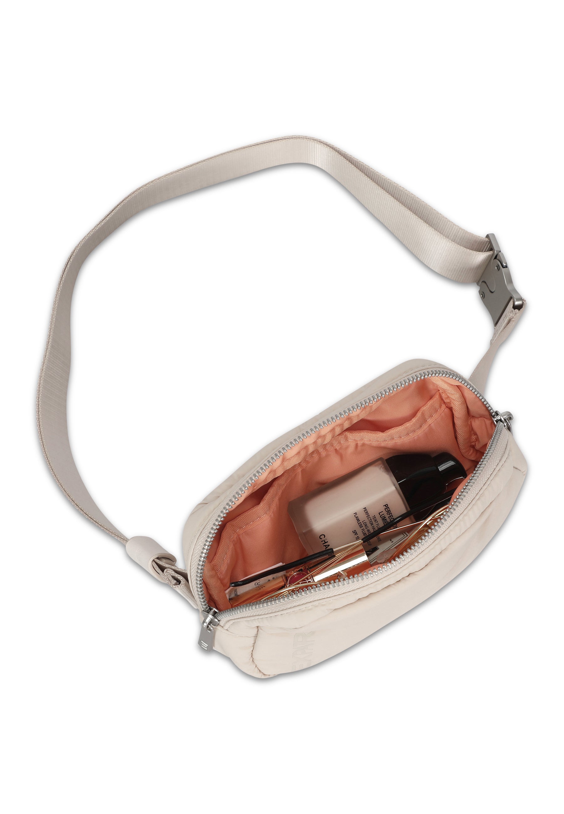 Beige MILLY Bauchtasche für Damen mit Reißverschluss und rosa Innenfutter, Inhalt sichtbar
