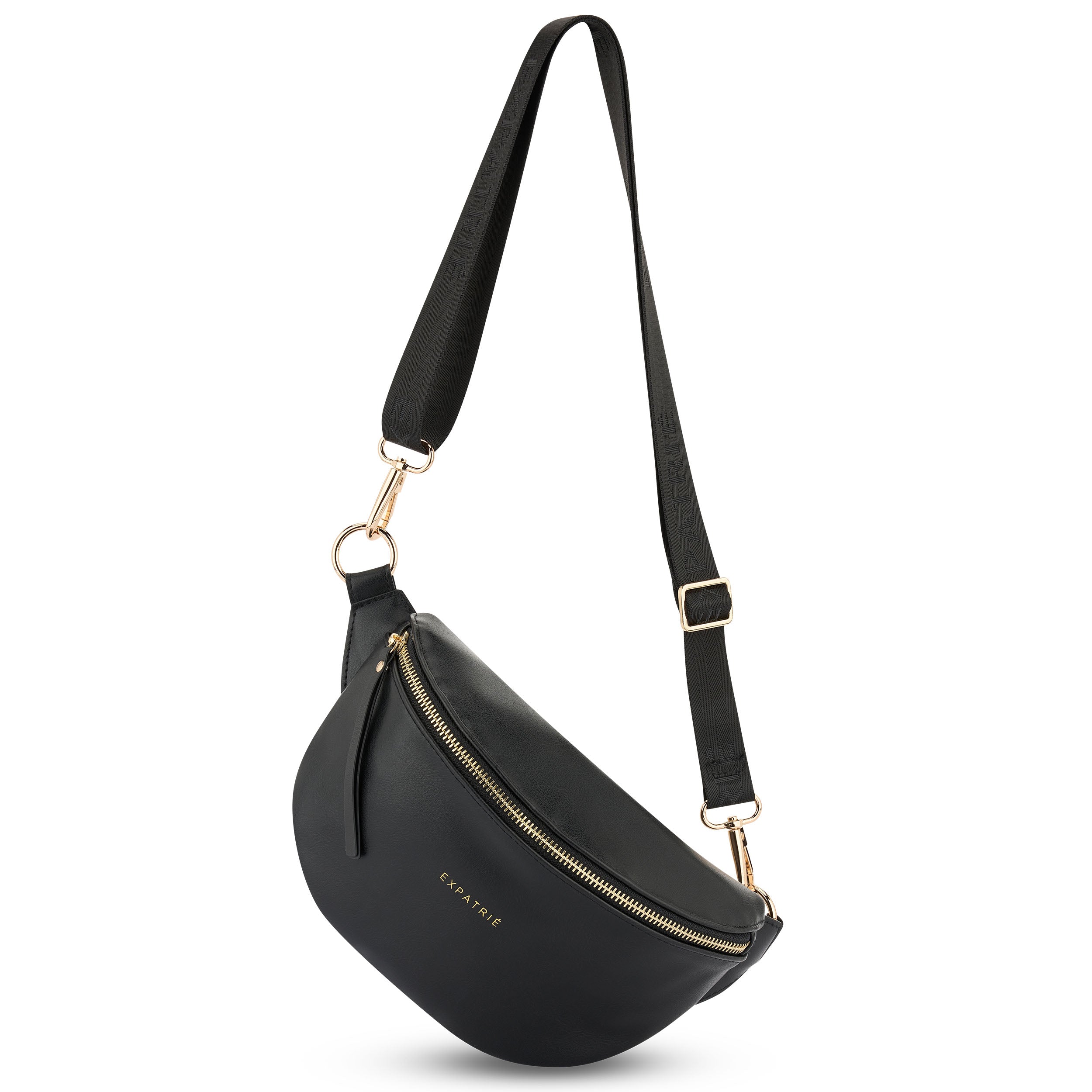 Schwarze Bauchtasche 'Alice Small' von Expatrié mit goldfarbenem Reißverschluss und verstellbarem Gurt