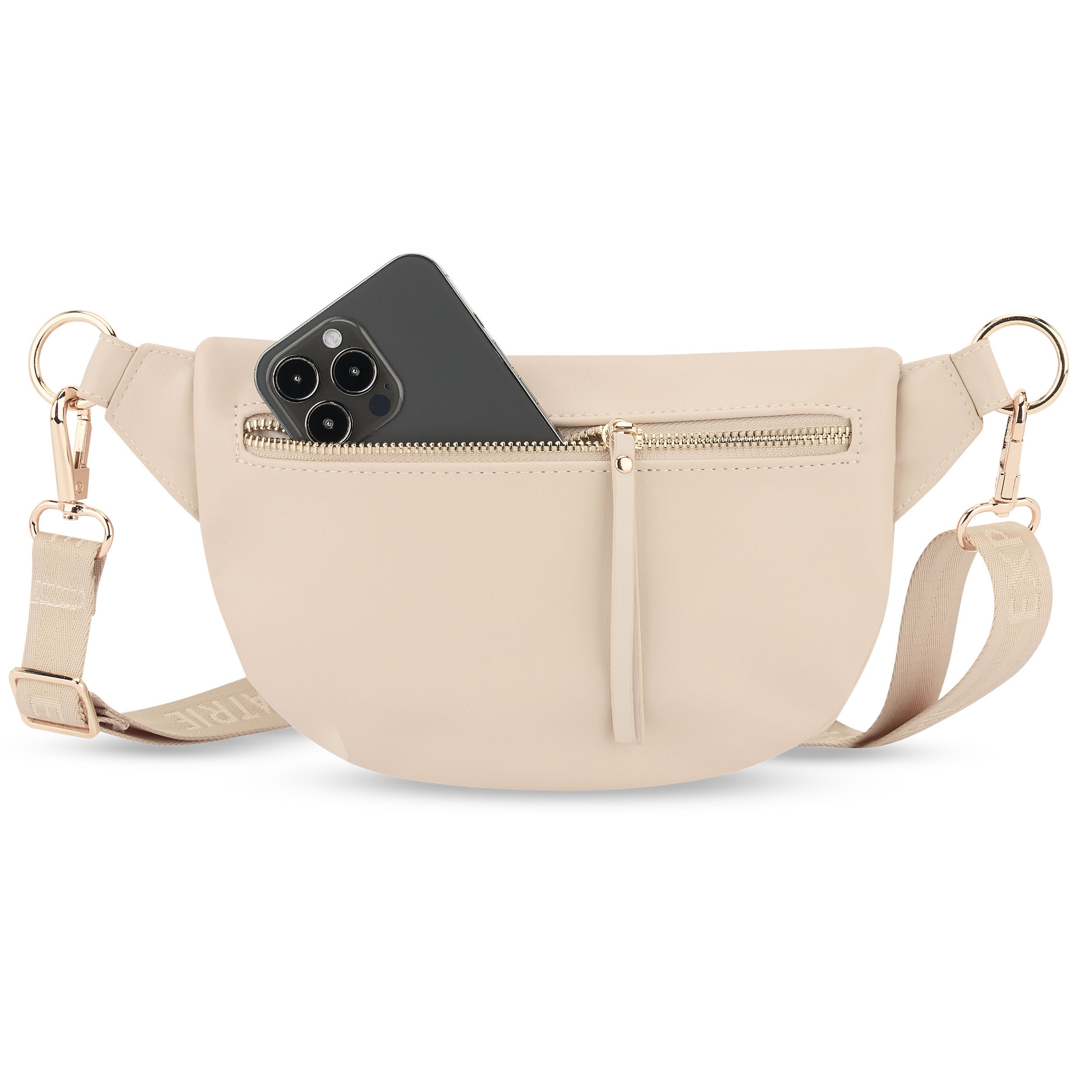 Beige Bauchtasche Alice Small aus Leder mit Reißverschlussfach und Smartphone