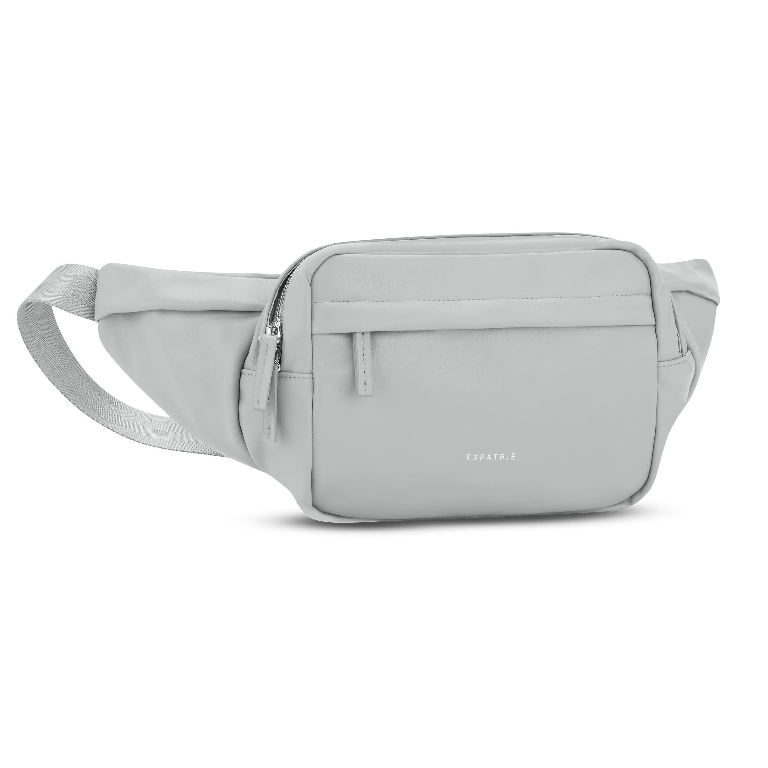Grau-weiße Bauchtasche Justine aus PU-Leder mit Reißverschluss und Expatrié-Logo