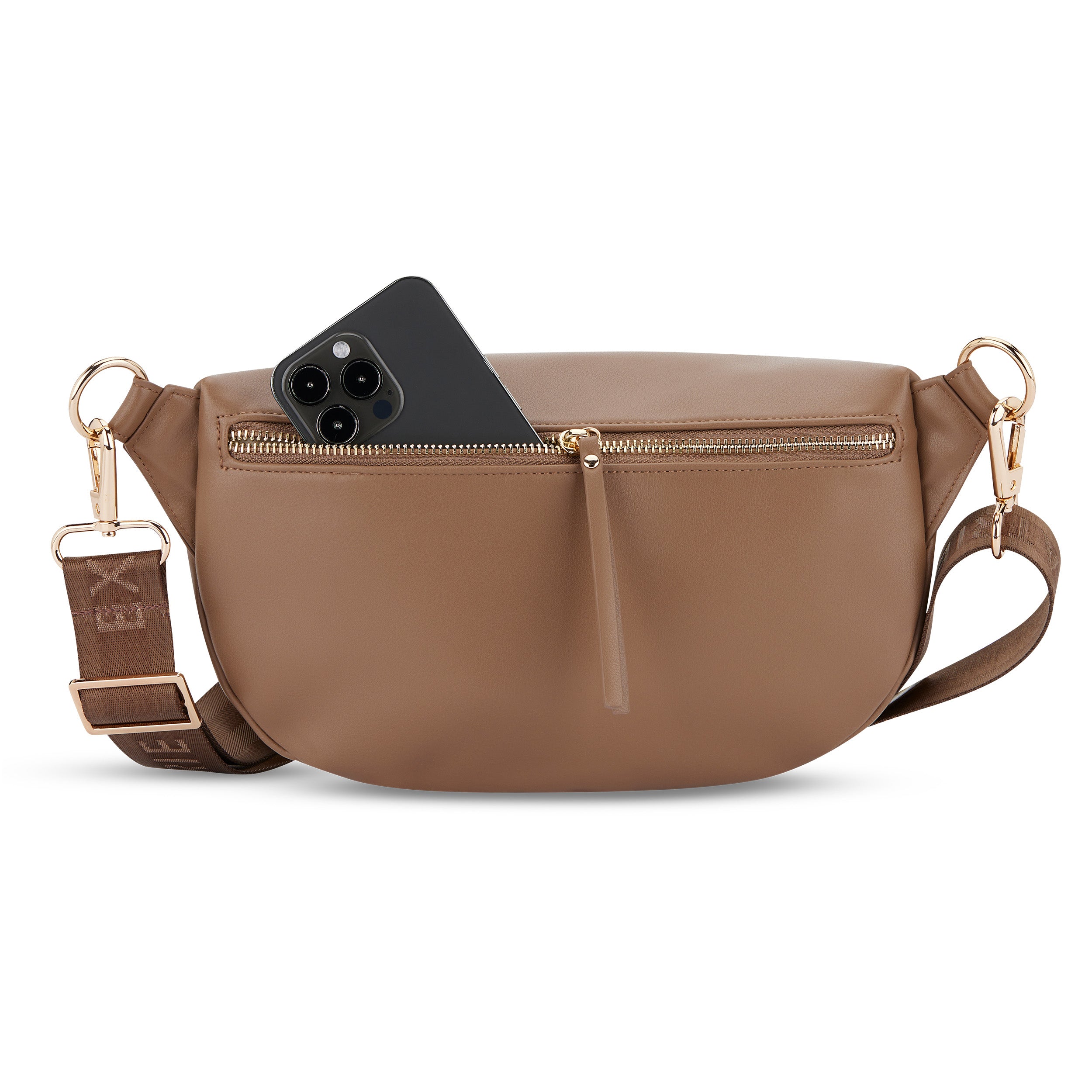 Bauchtasche Alice Medium aus braunem Leder mit goldenem Reißverschluss und verstellbarem Schulterriemen, schwarzes Smartphone in der Reißverschlusstasche