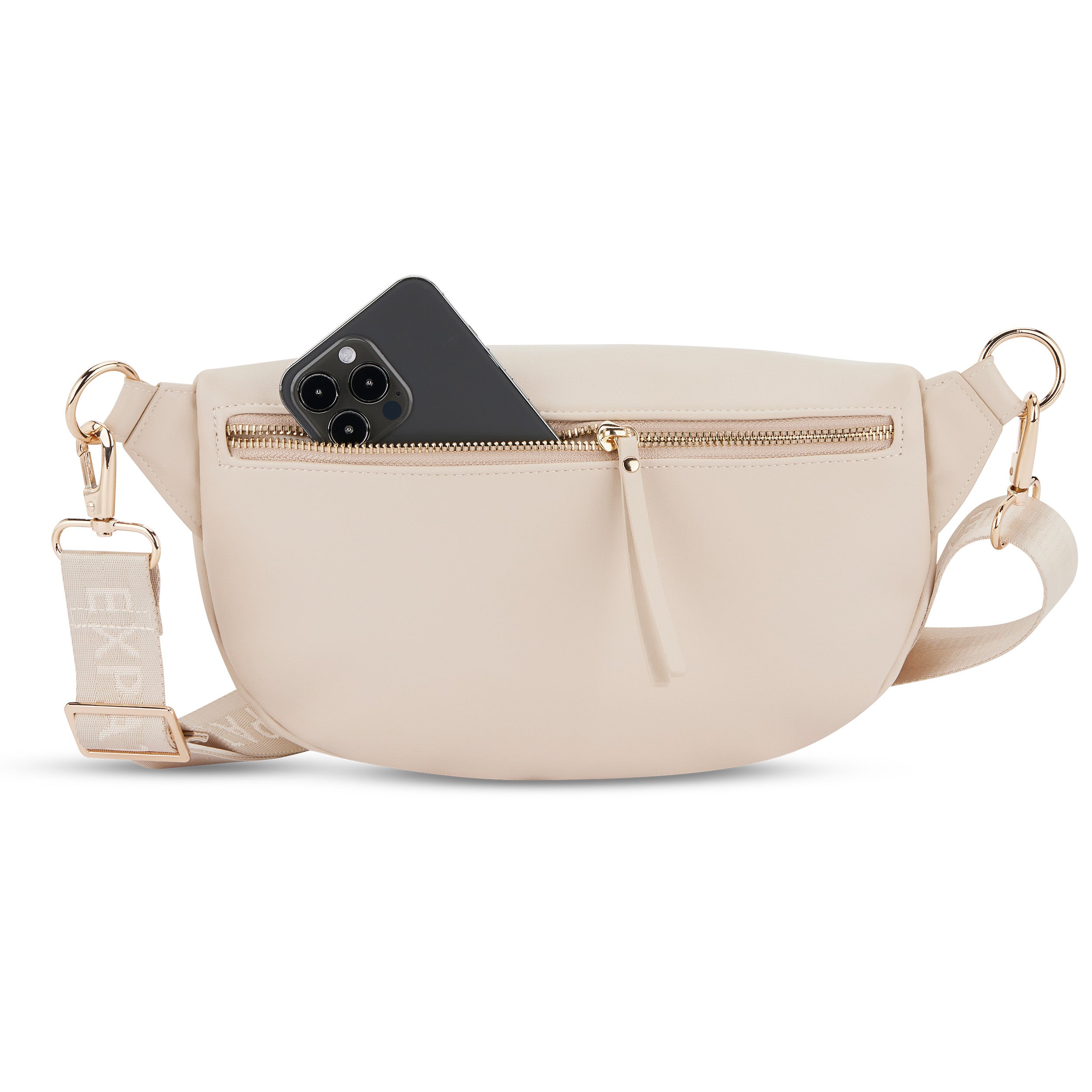 Beige Bauchtasche Alice Medium aus Leder mit goldfarbenem Reißverschluss und verstellbarem Stoffgurt