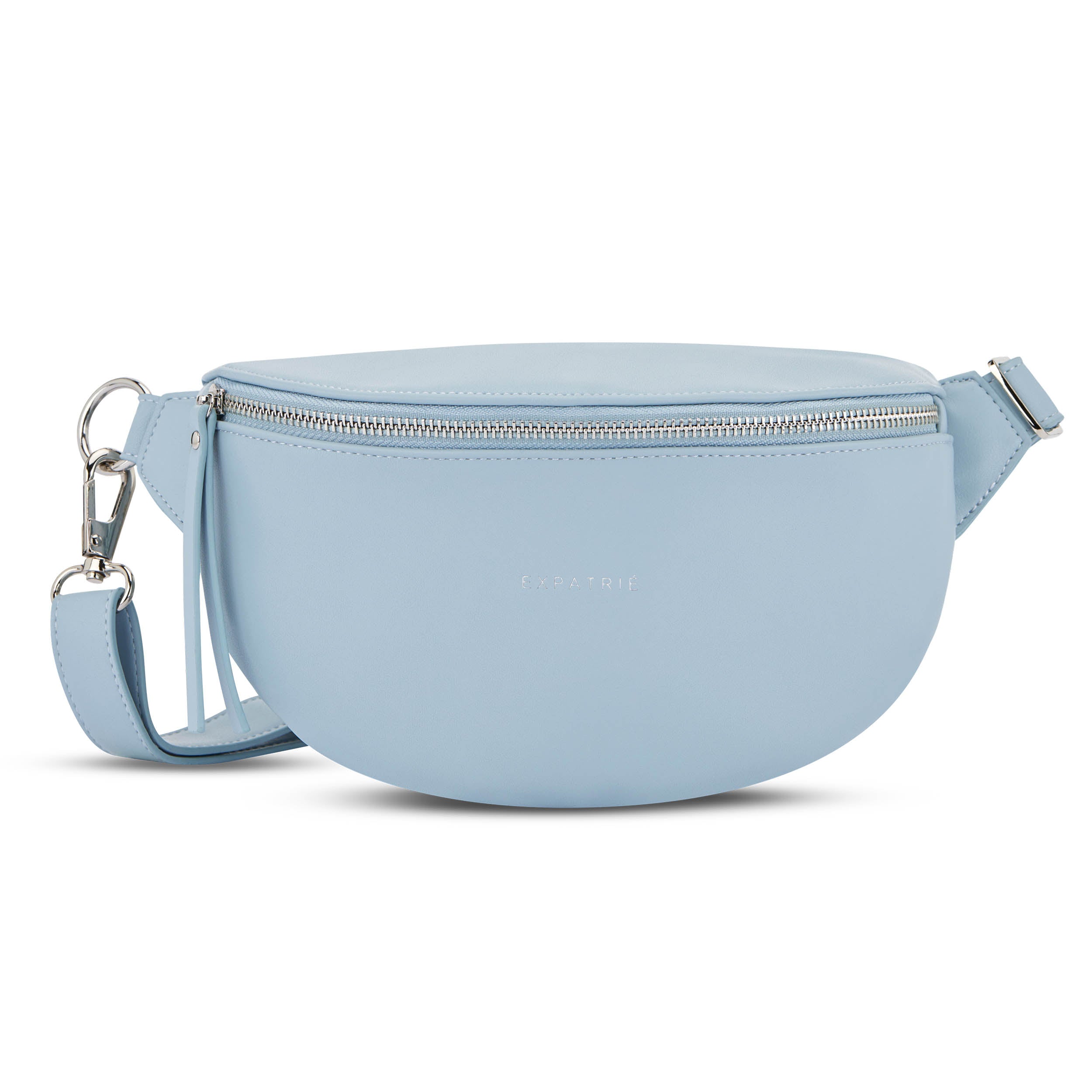 Hellblaue Bauchtasche Alice Small aus glattem Material mit silbernem Reißverschluss und verstellbarem Riemen