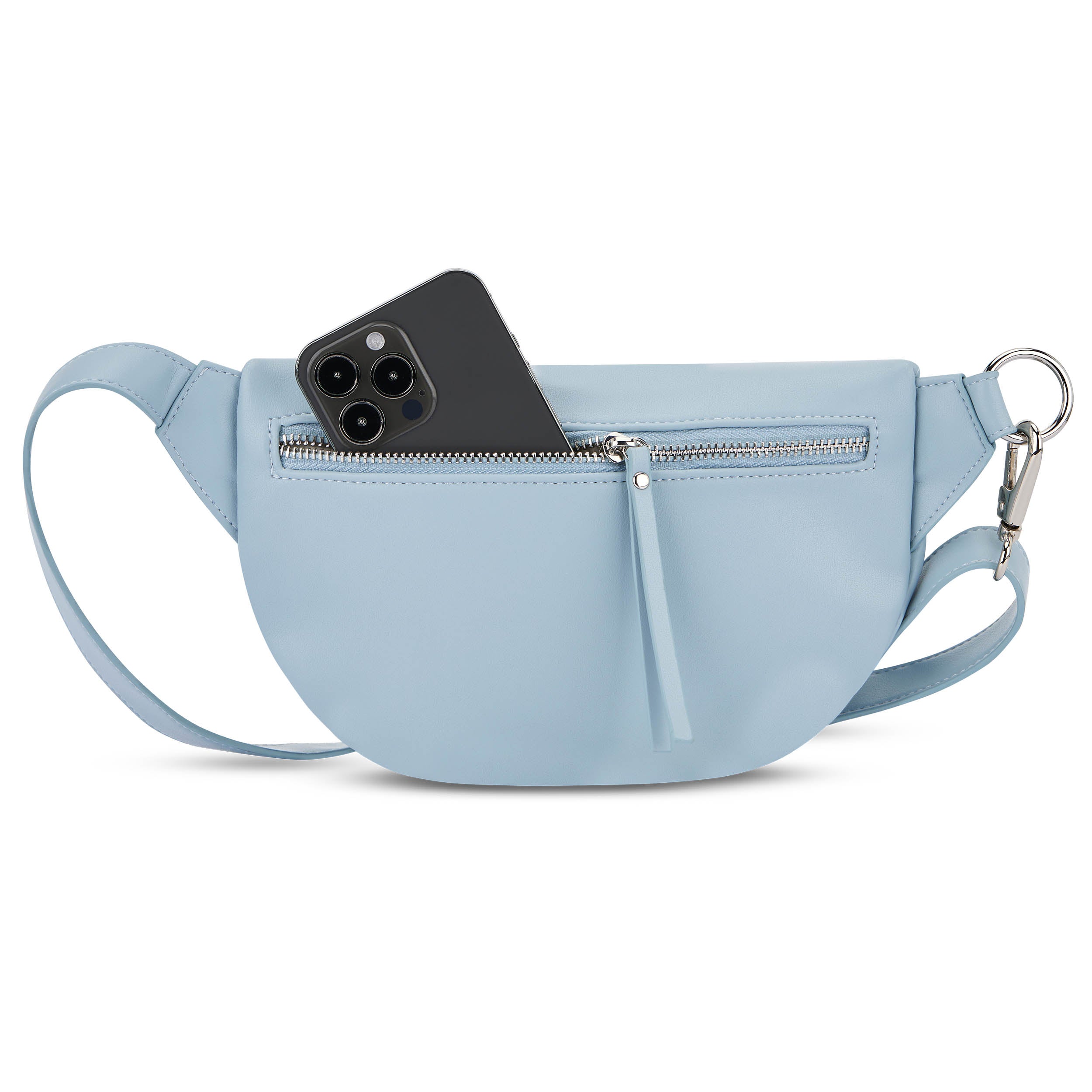Hellblaue Bauchtasche Alice Small mit Reißverschlusstasche, schwarzes Smartphone steckt vorne heraus