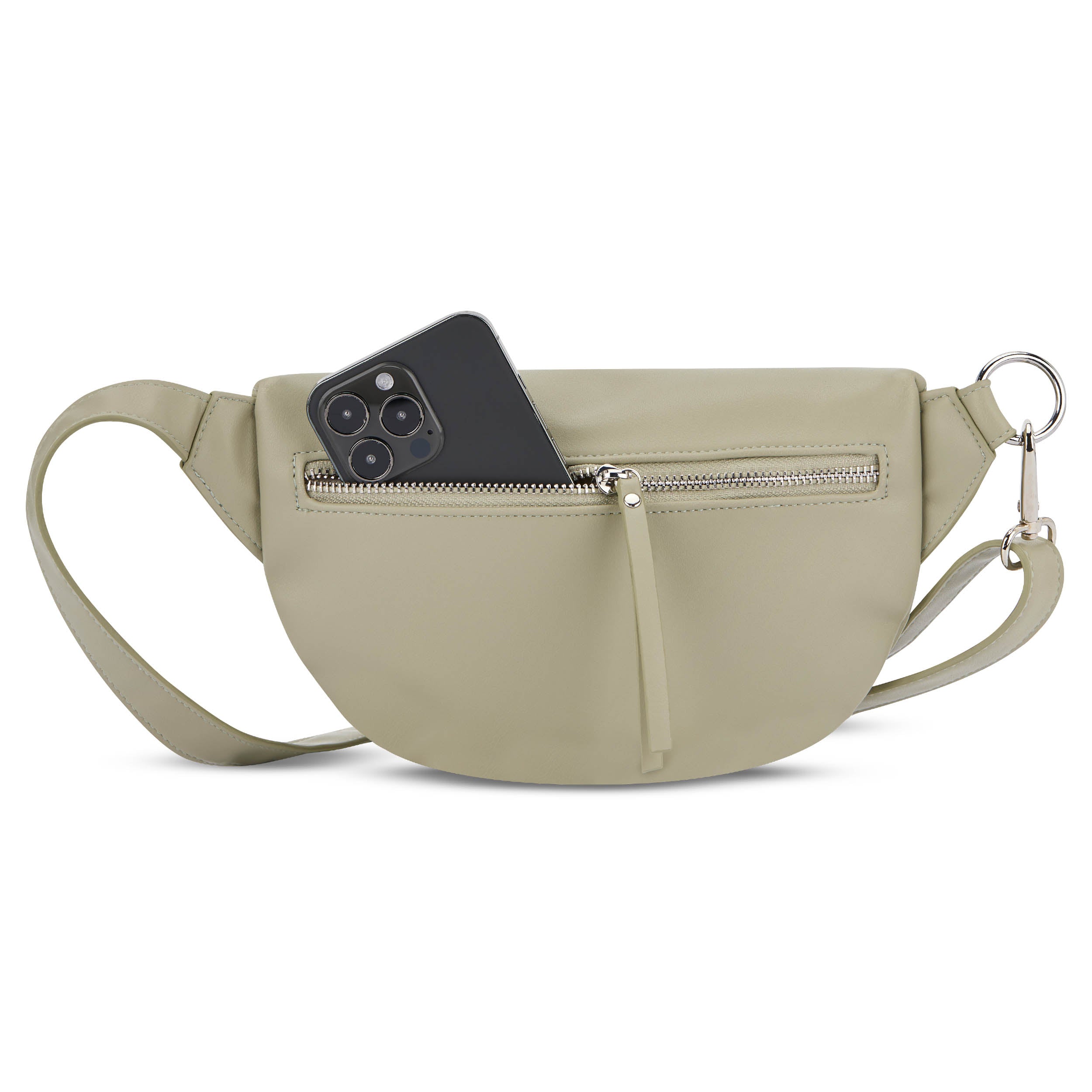Bauchtasche Alice Small in beige mit sichtbarem Reißverschlussfach und Smartphone