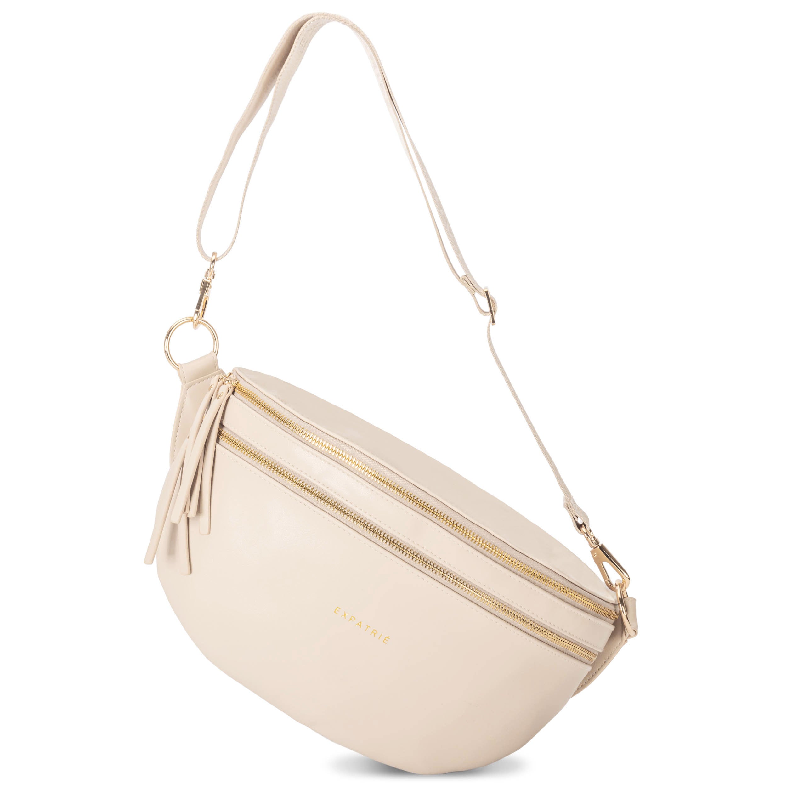 Beige Bauchtasche Alice Large für Damen mit goldfarbenen Reißverschlüssen und verstellbarem Trageriemen