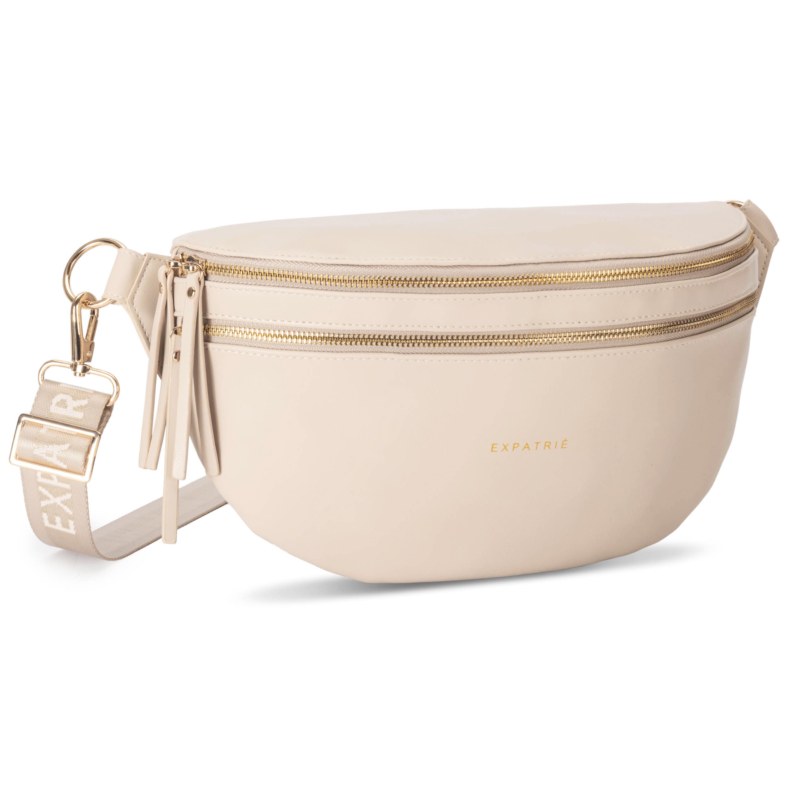 Beige Bauchtasche Alice Large mit zwei goldfarbenen Reißverschlüssen und breitem, verstellbarem Gurt mit 'EXPATRIÉ'-Schriftzug