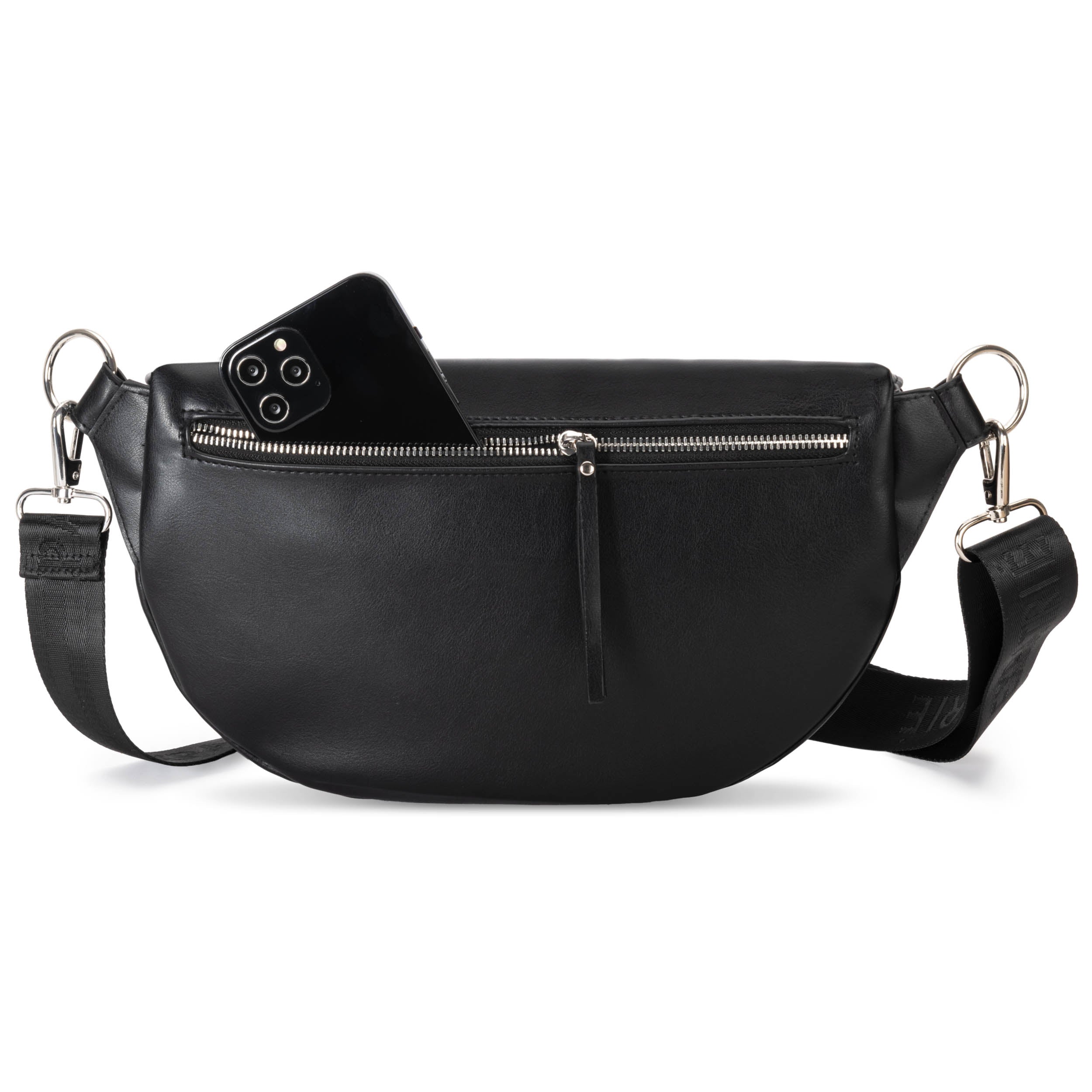 Große schwarze Bauchtasche Alice Large aus Leder mit Reißverschlussfach vorne, schwarze Umhängeband