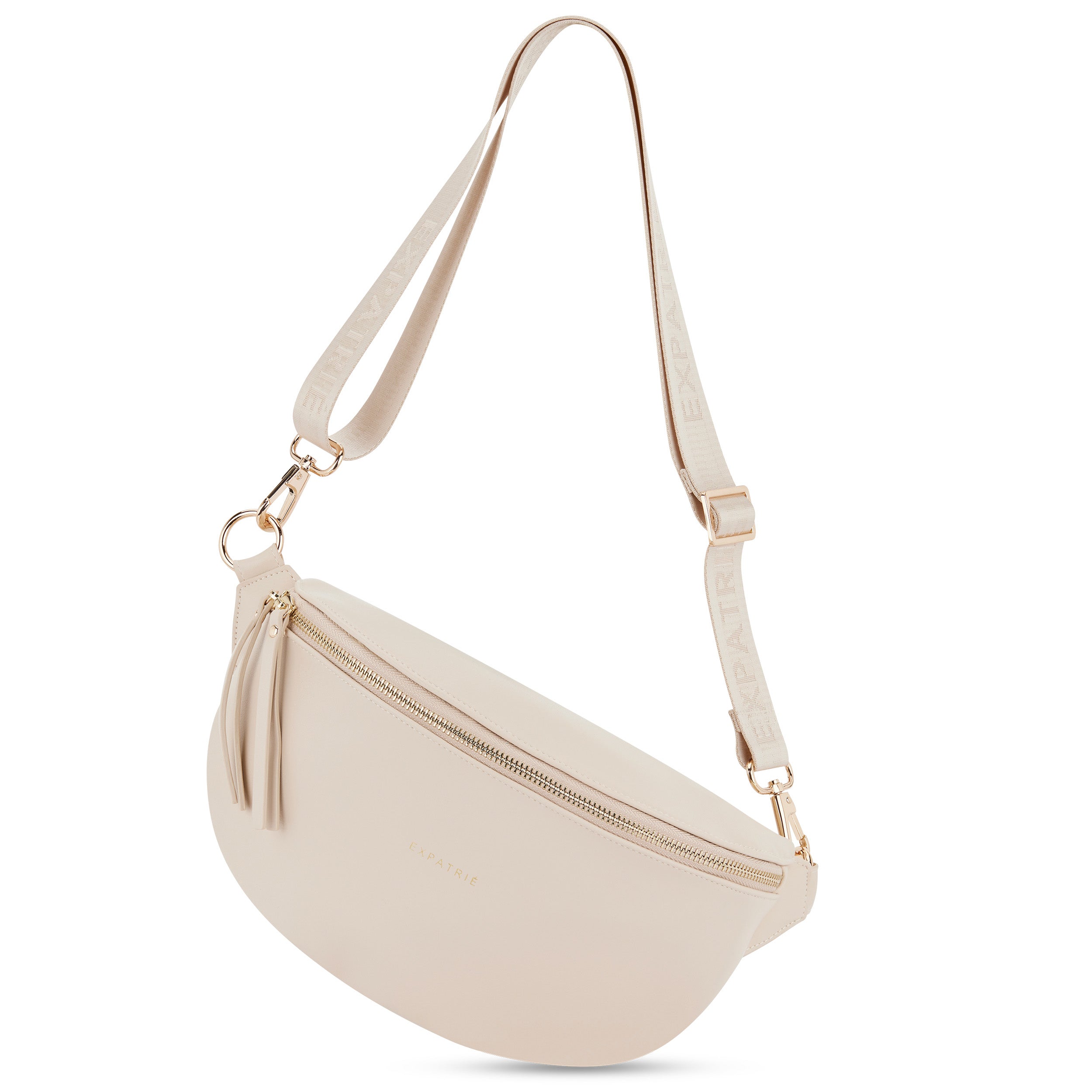 Bauchtasche Alice Medium in modernem Beige mit Reißverschluss und verstellbarem Tragegurt mit Expatrié-Logo