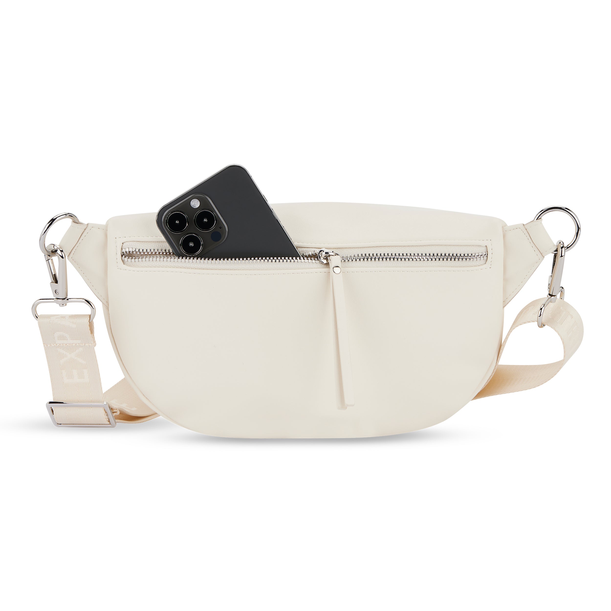 Bauchtasche Alice Medium in cremeweiß mit silbernem Reißverschluss und Smartphone in der Außentasche