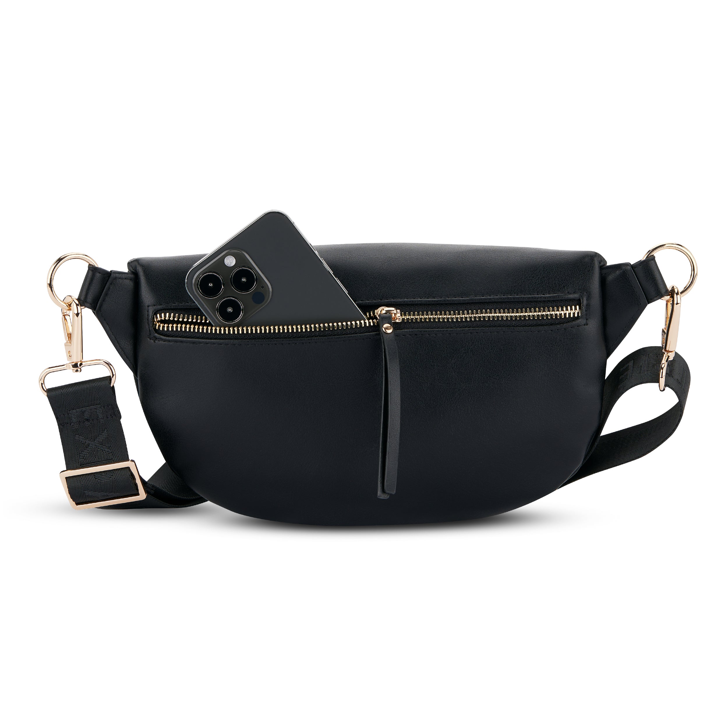 Schwarze Bauchtasche Alice Medium mit Reißverschlusstasche und Smartphone