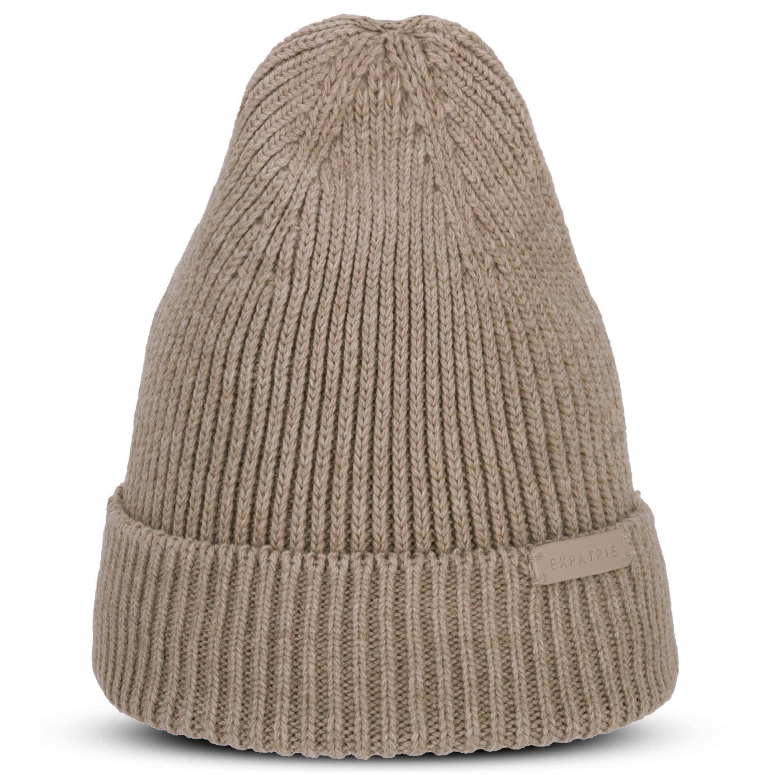Beige gestrickte Mütze Luna von Expatrié mit Umschlag und feinem Strickmuster