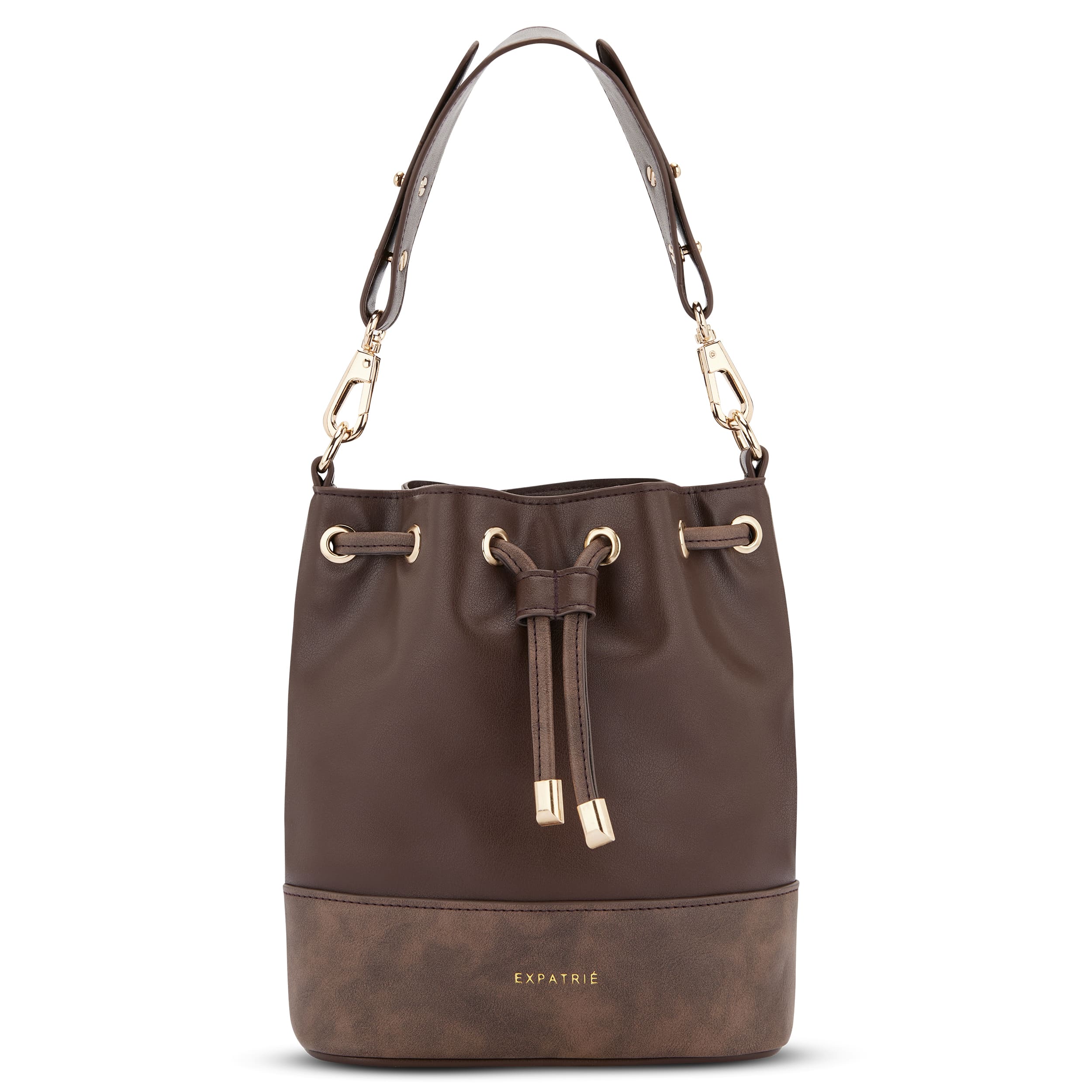 Kleine braune Beuteltasche Sarah Small mit Tunnelzug und goldfarbenen Details