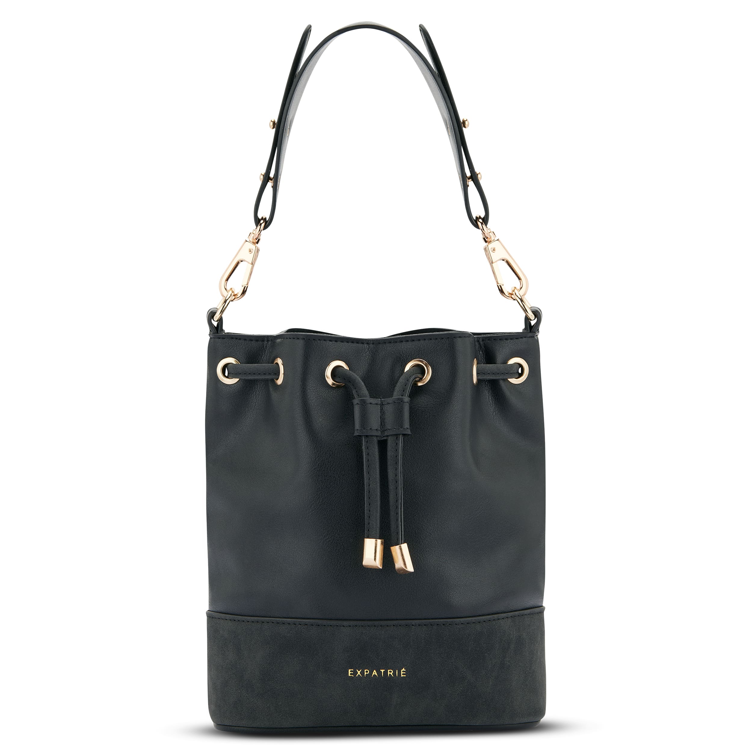Schwarze Beuteltasche Sarah Small mit Zugband und goldfarbenen Details von Expatrié