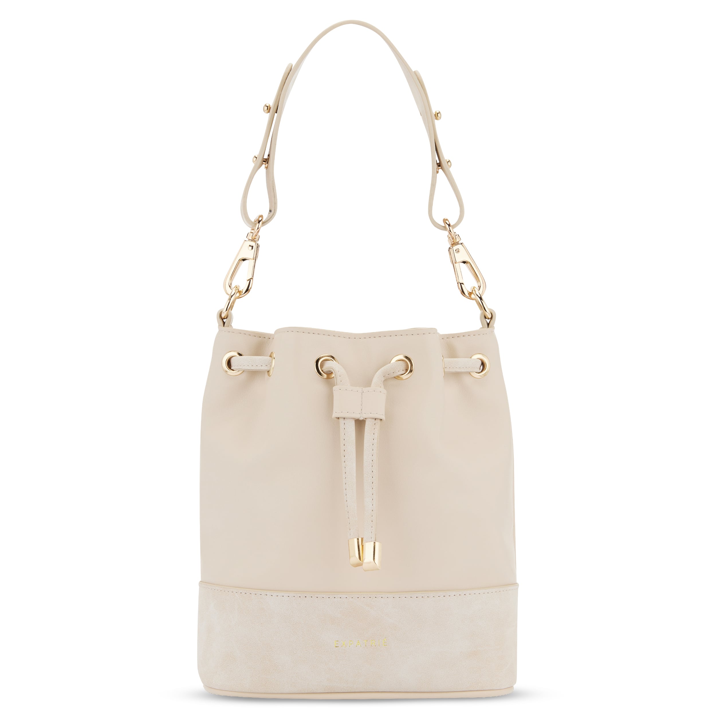 Beuteltasche Sarah Small in beige mit verstellbarem Schulterriemen und goldfarbenen Details