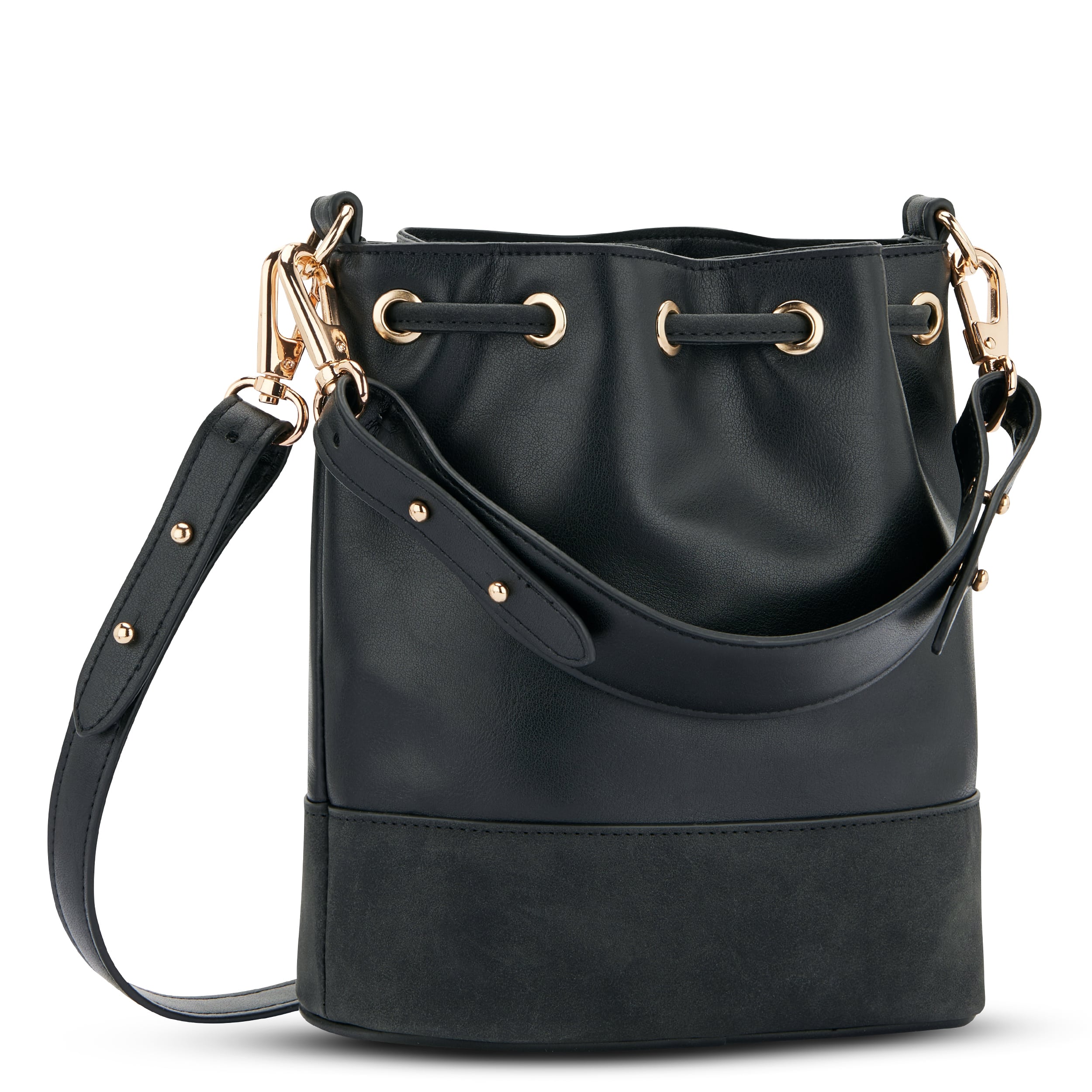 Schwarze Beuteltasche Sarah Small mit goldfarbenen Ösen und Snaps, aus glattem und wildlederähnlichem Material