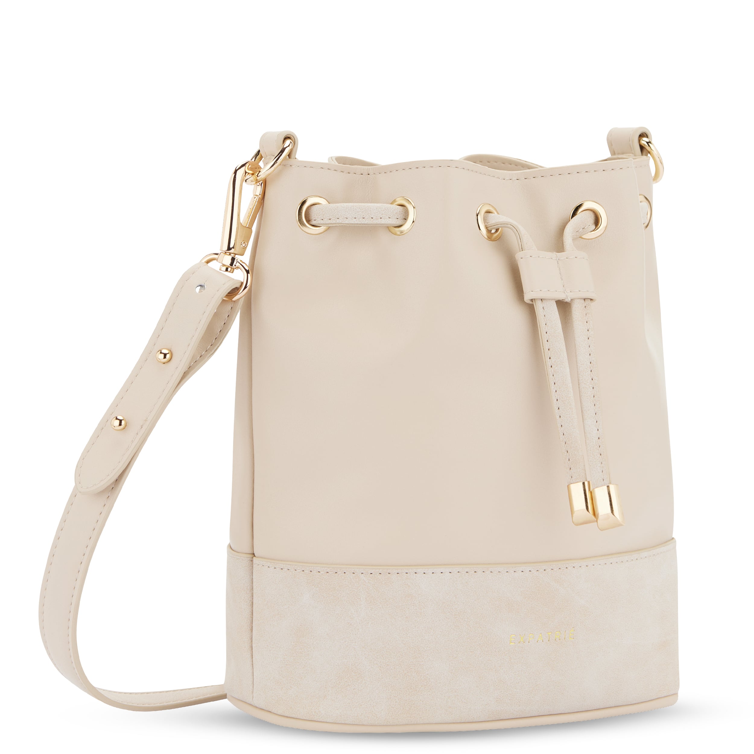 Beuteltasche Sarah Small in Beige mit Kordelzug und verstellbarem Schultergurt aus Materialmix