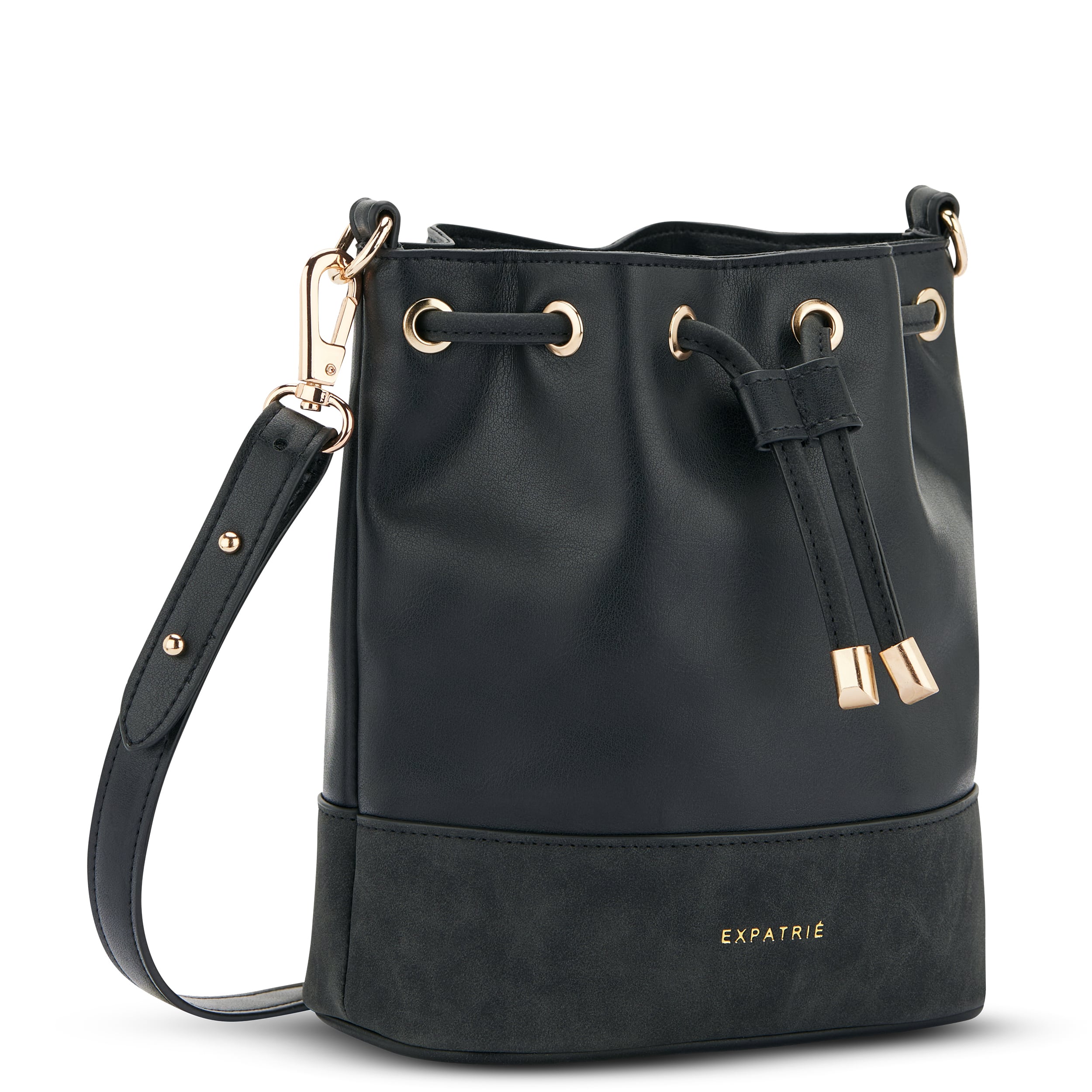 Schwarze Beuteltasche Sarah Small mit goldenem Kordelzug, goldfarbenen Metallösen und verstellbarem Riemen