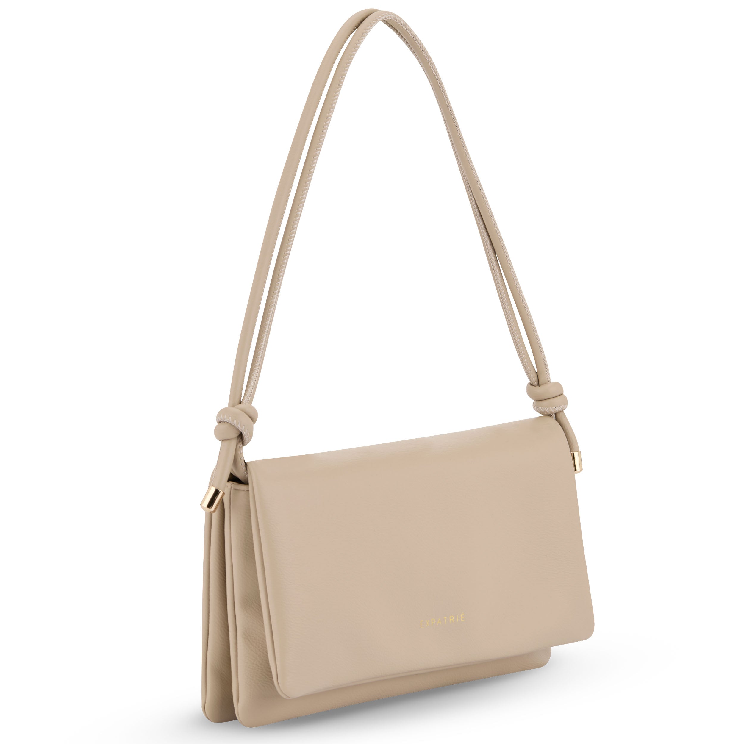 Beige Leder-Clutch Juliette mit Doppelschulterriemen und goldener Markenprägung