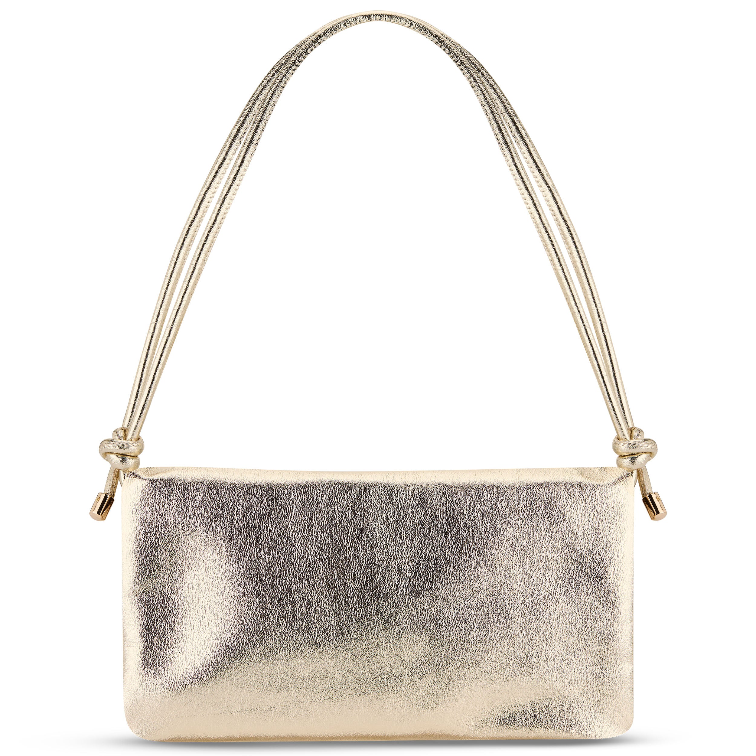 Goldfarbene Clutch Juliette mit langem, dünnem Tragegriff und Knoten an den Enden