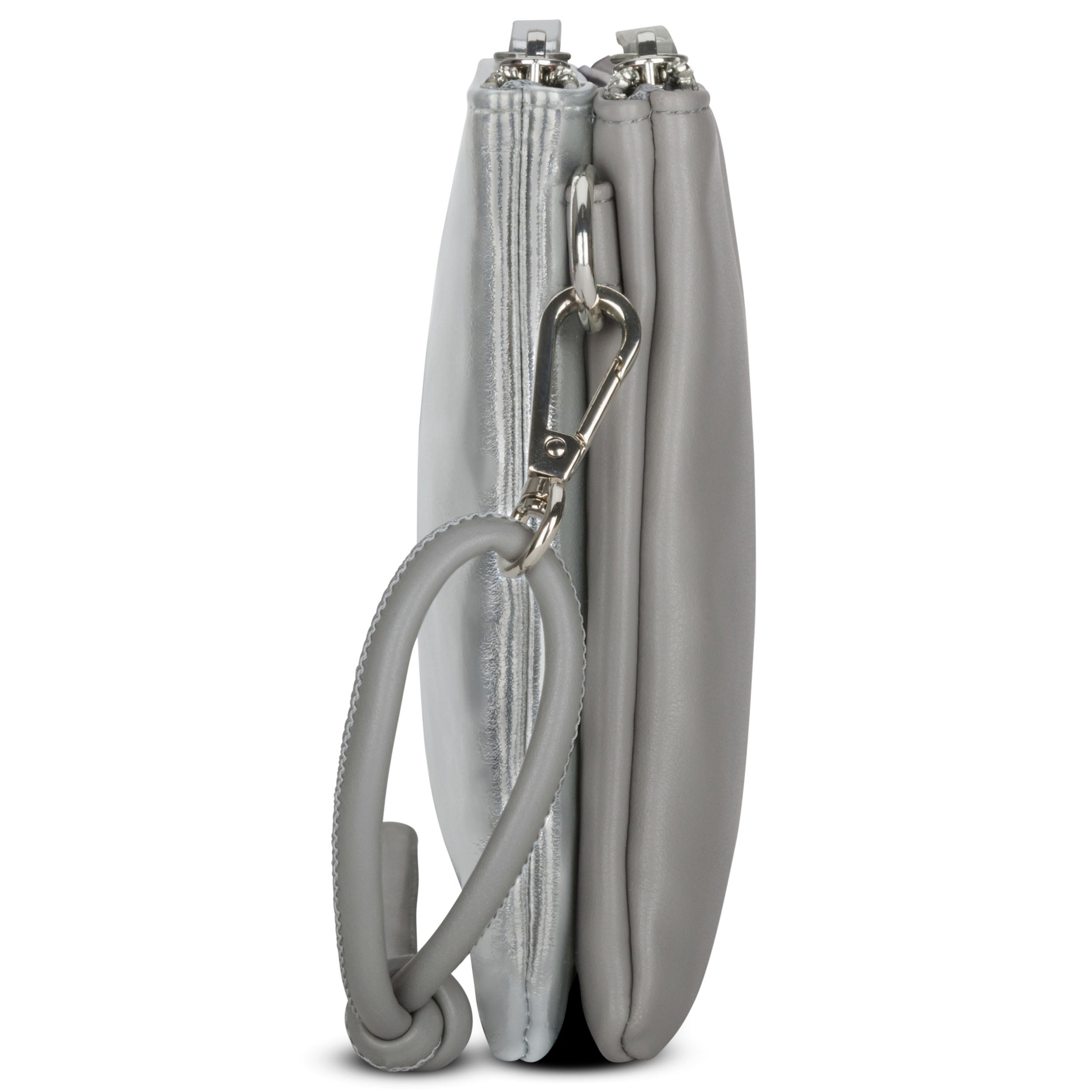 Silberne Clutch Emilie mit zwei Fächern und grauem abnehmbarem Handgelenkriemen