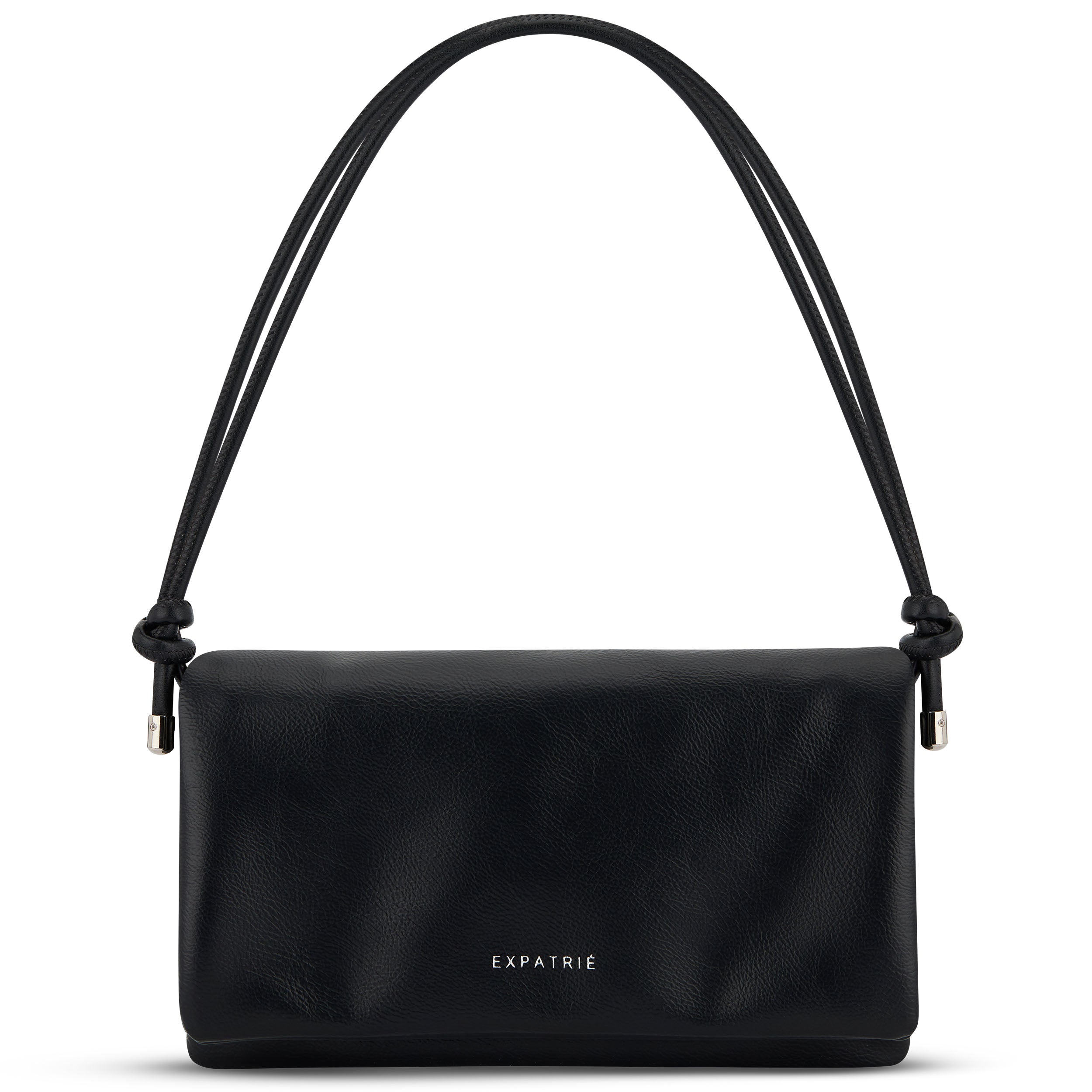 Schwarze Clutch Juliette aus glattem Leder mit Kordelriemen und silbernem EXPATRIÉ Logo