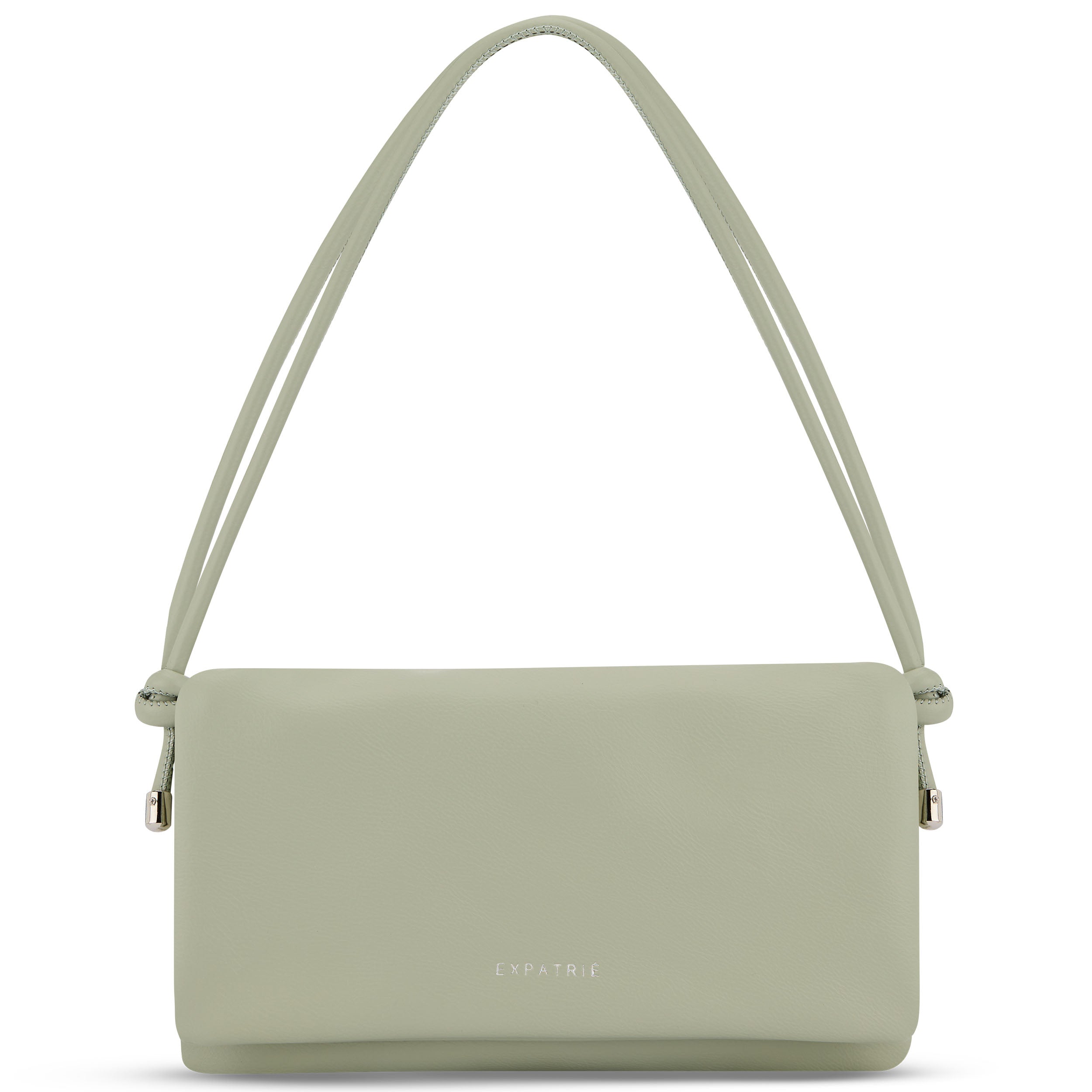 Grüne Clutch 'Juliette' aus glattem Material mit dünnem, langem Tragehenkel und silbernem Expatrié-Logo