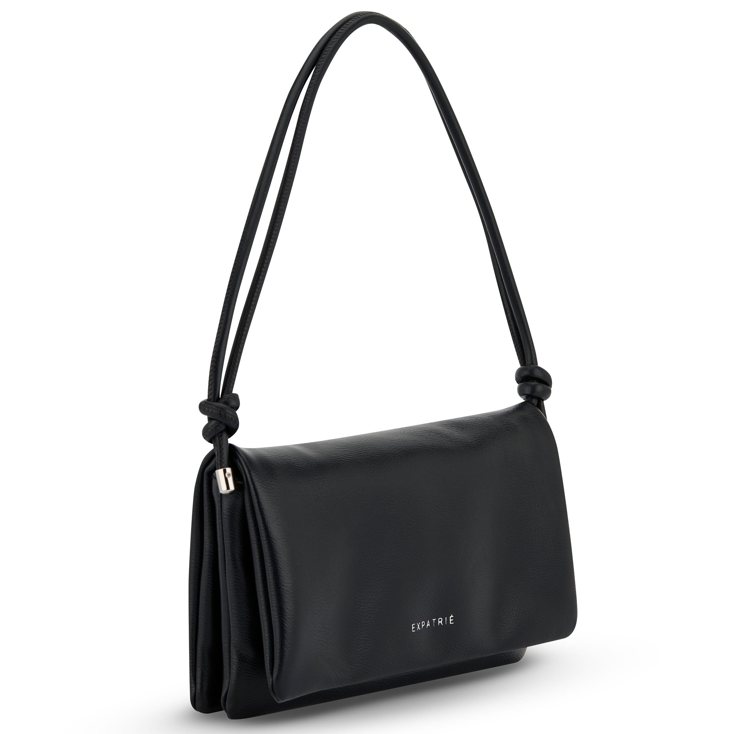 Schwarze Clutch-Handtasche Juliette aus Leder mit Knoten an den Trägern und silbernem Expatrié-Logo