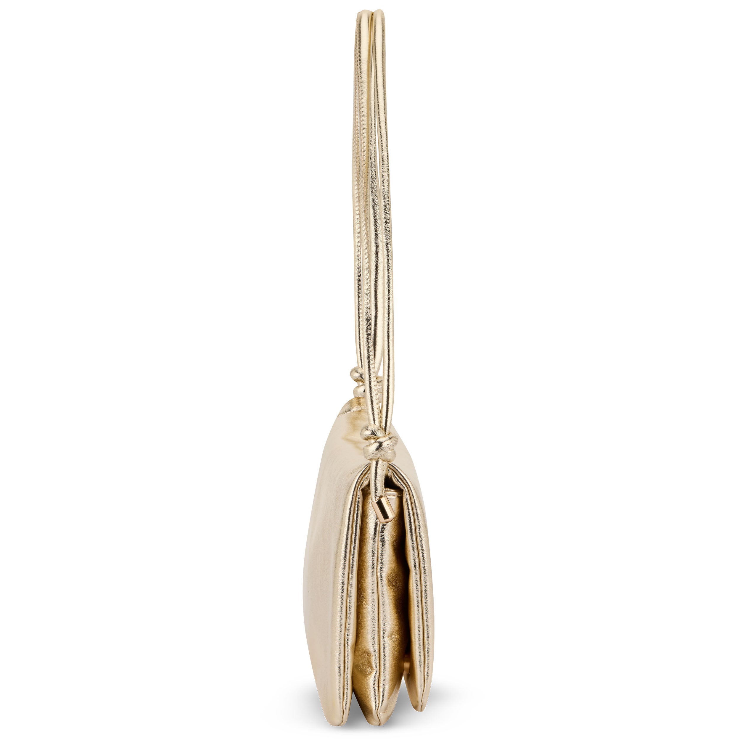 Seitliche Ansicht der goldfarbenen Clutch Juliette mit schmalem Tragegriff und dreiteiligem Design