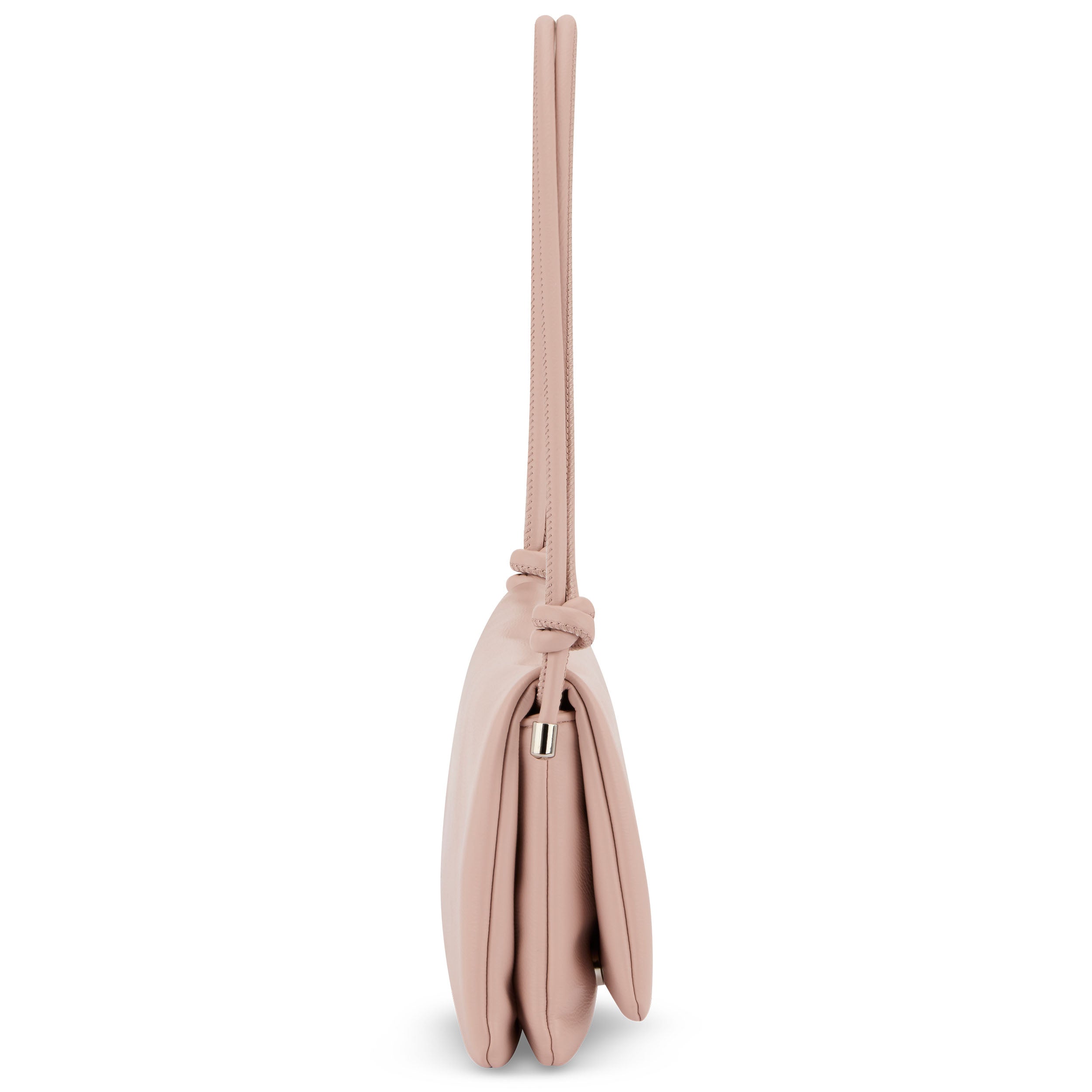 Seitenansicht der rosafarbenen Clutch Juliette mit doppellagigem Design und feiner Naht