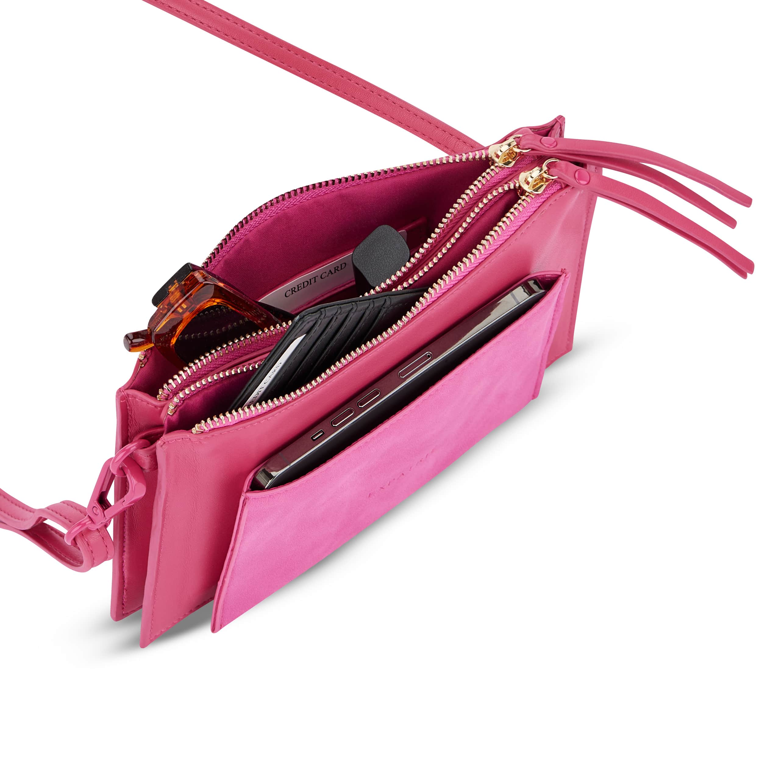 Clutch Isabelle in pink mit zwei Reißverschlusstaschen, Kartenfach, Sonnenbrille, Smartphone und Schulterriemen