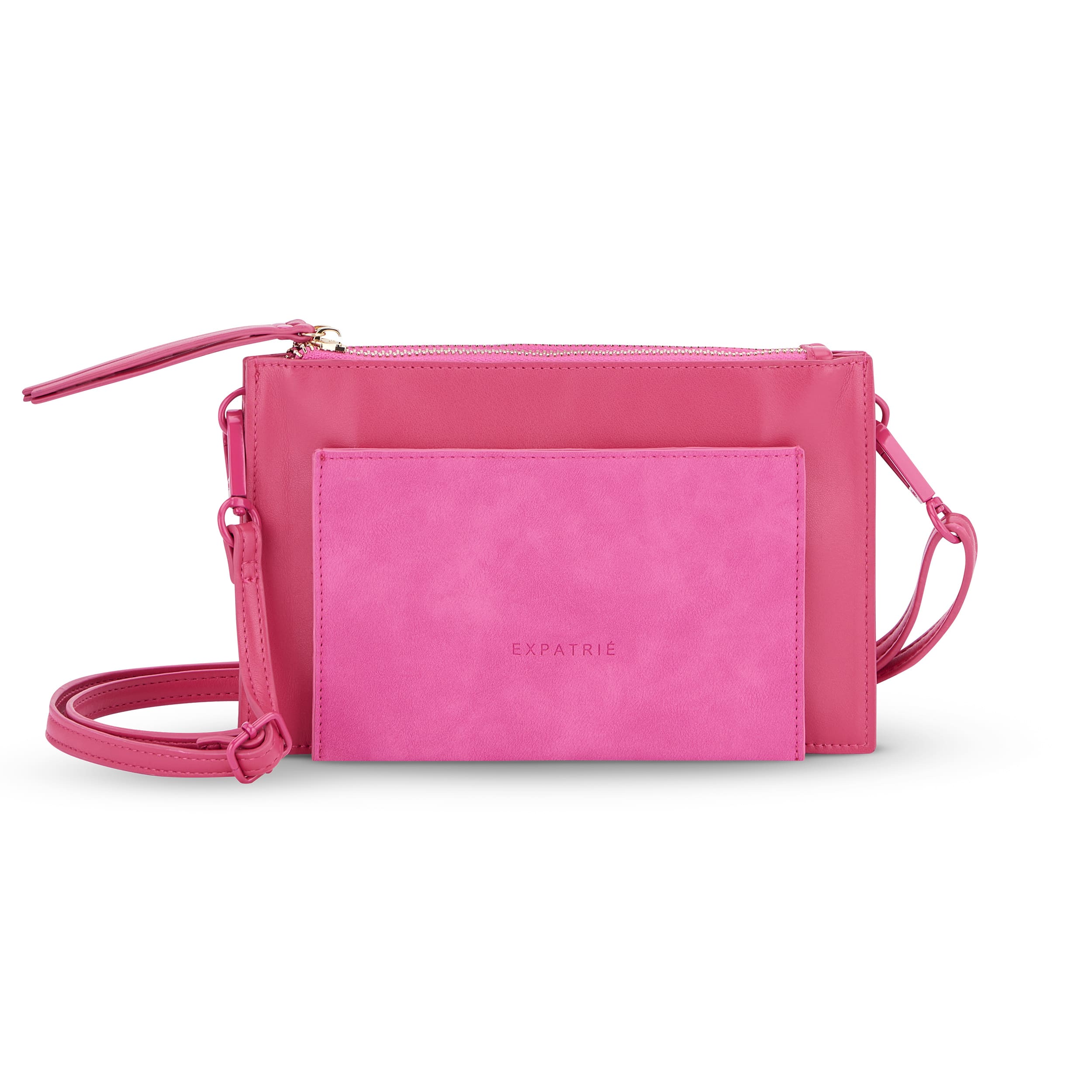 Expatrié Clutch Isabelle Umhängetasche in modernem Pink mit abnehmbarem vorderem Fach und verstellbarem Riemen