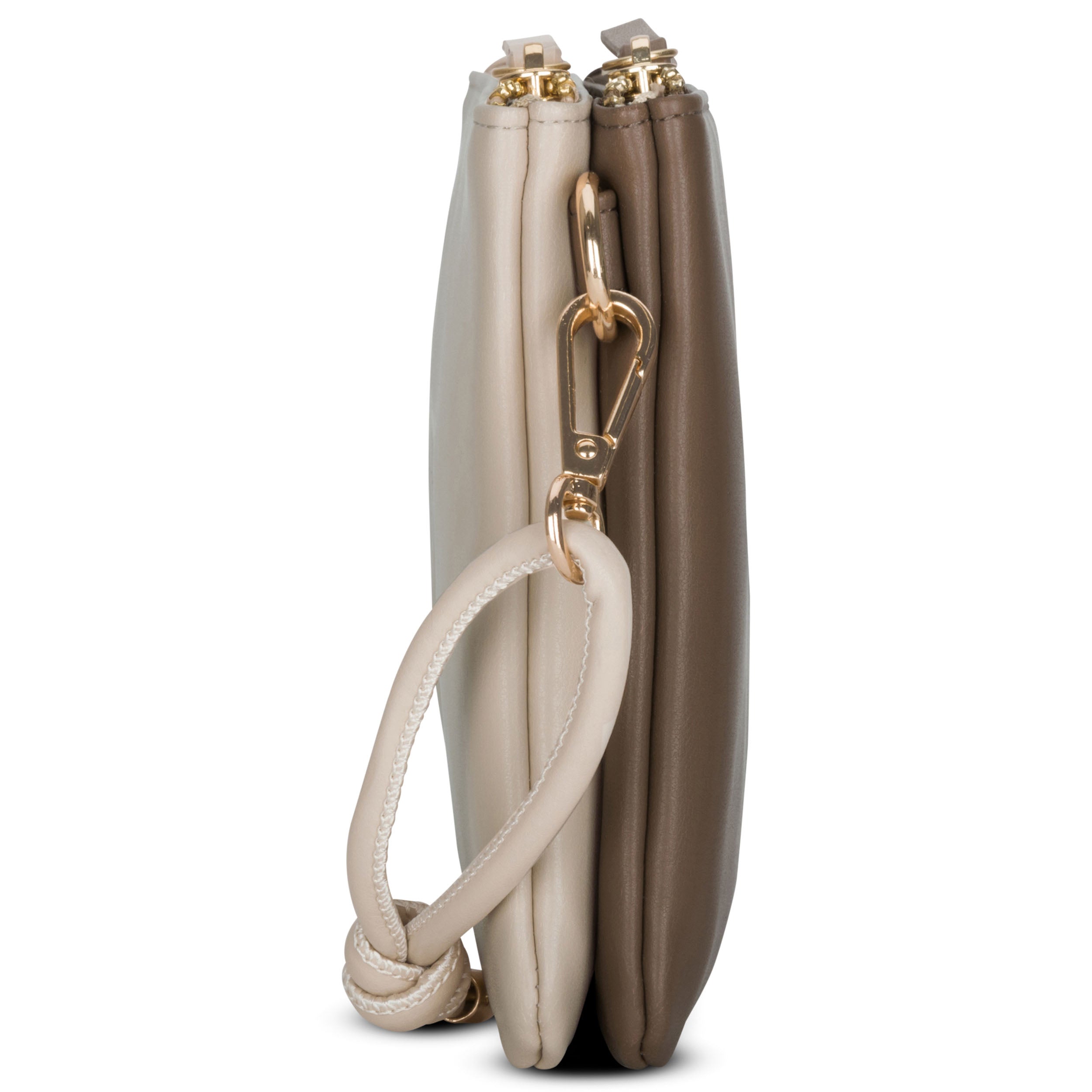 Clutch Emilie aus braunem und beigem Leder mit abnehmbarem Tragegriff und goldfarbenen Metallverschlüssen
