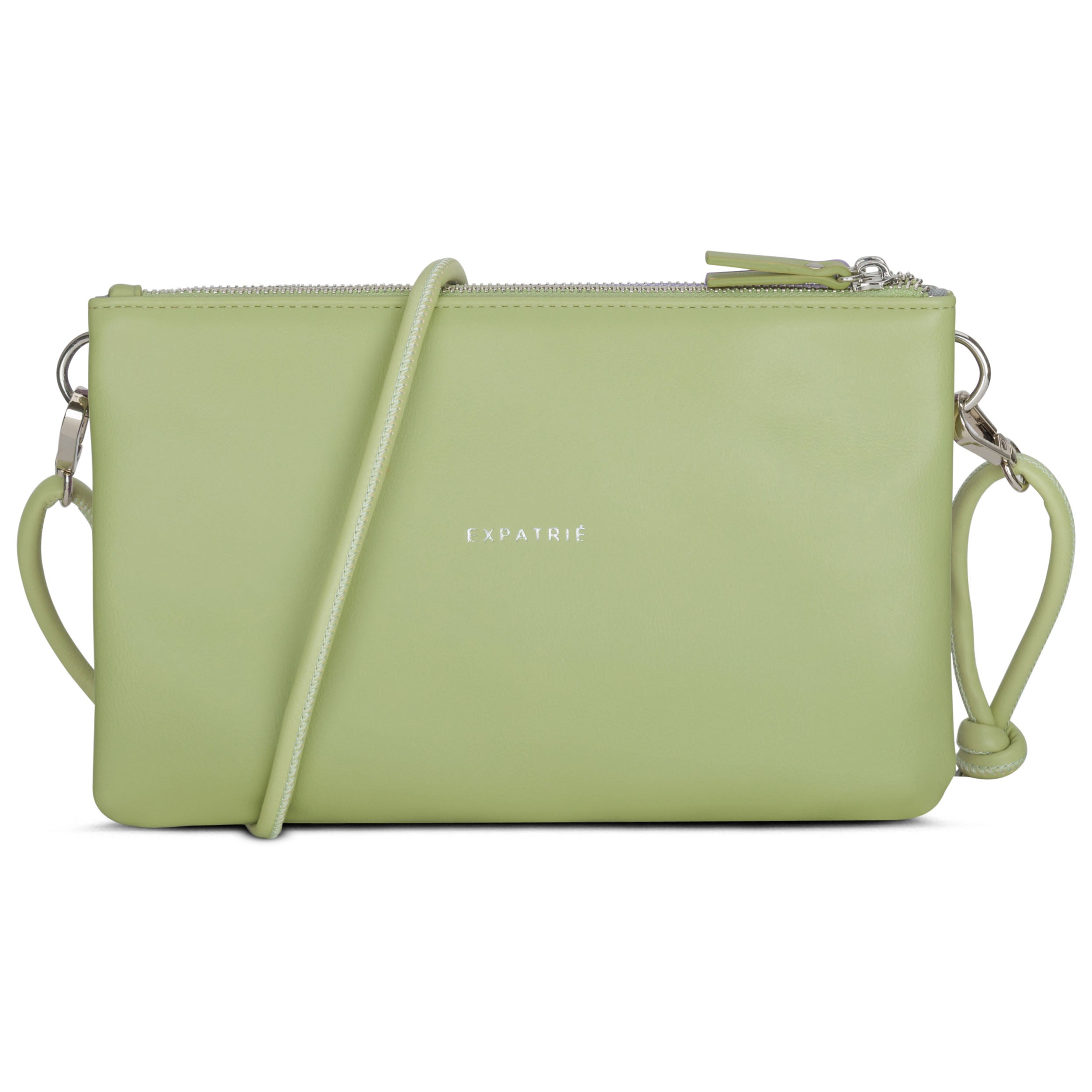 Clutch Emilie in grün mit feiner silberner Logo-Prägung und Reißverschluss