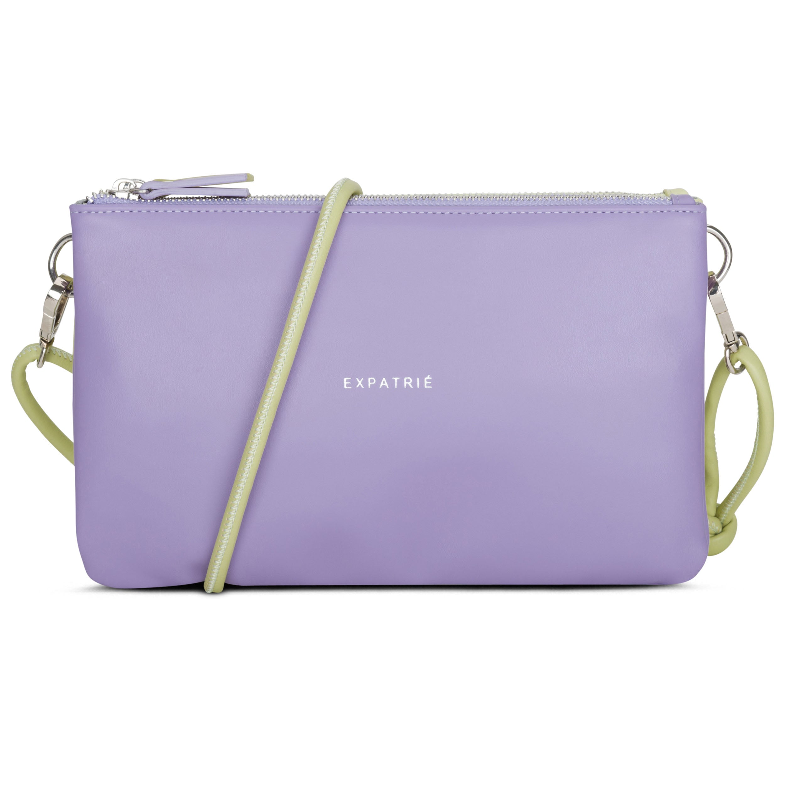 Lila Clutch 'Emilie' mit grünem Trageriemen aus Leder von Expatrié