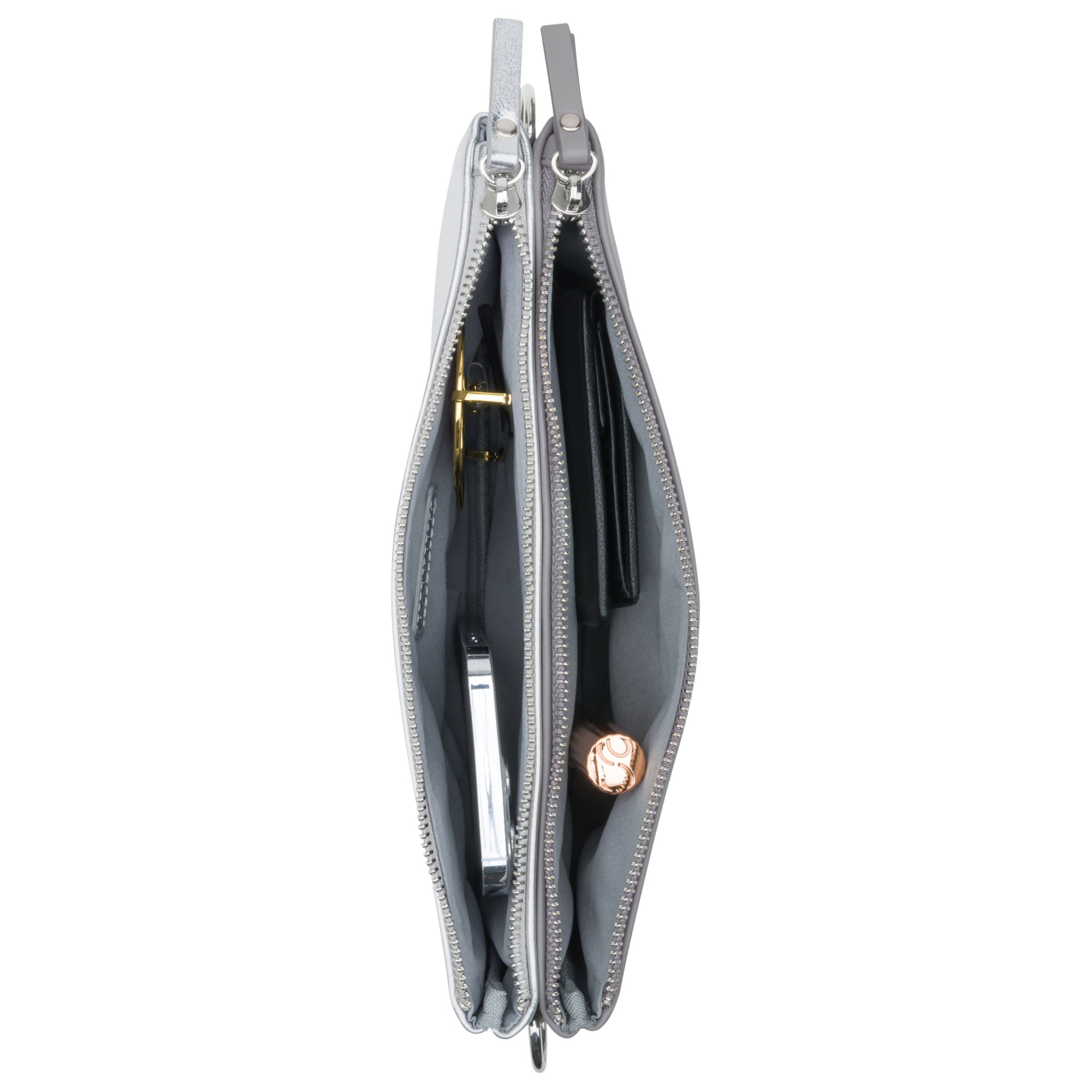 Silber-graue Clutch Emilie mit zwei Reißverschlussfächern und Innenfächern mit Schmuck und Karten