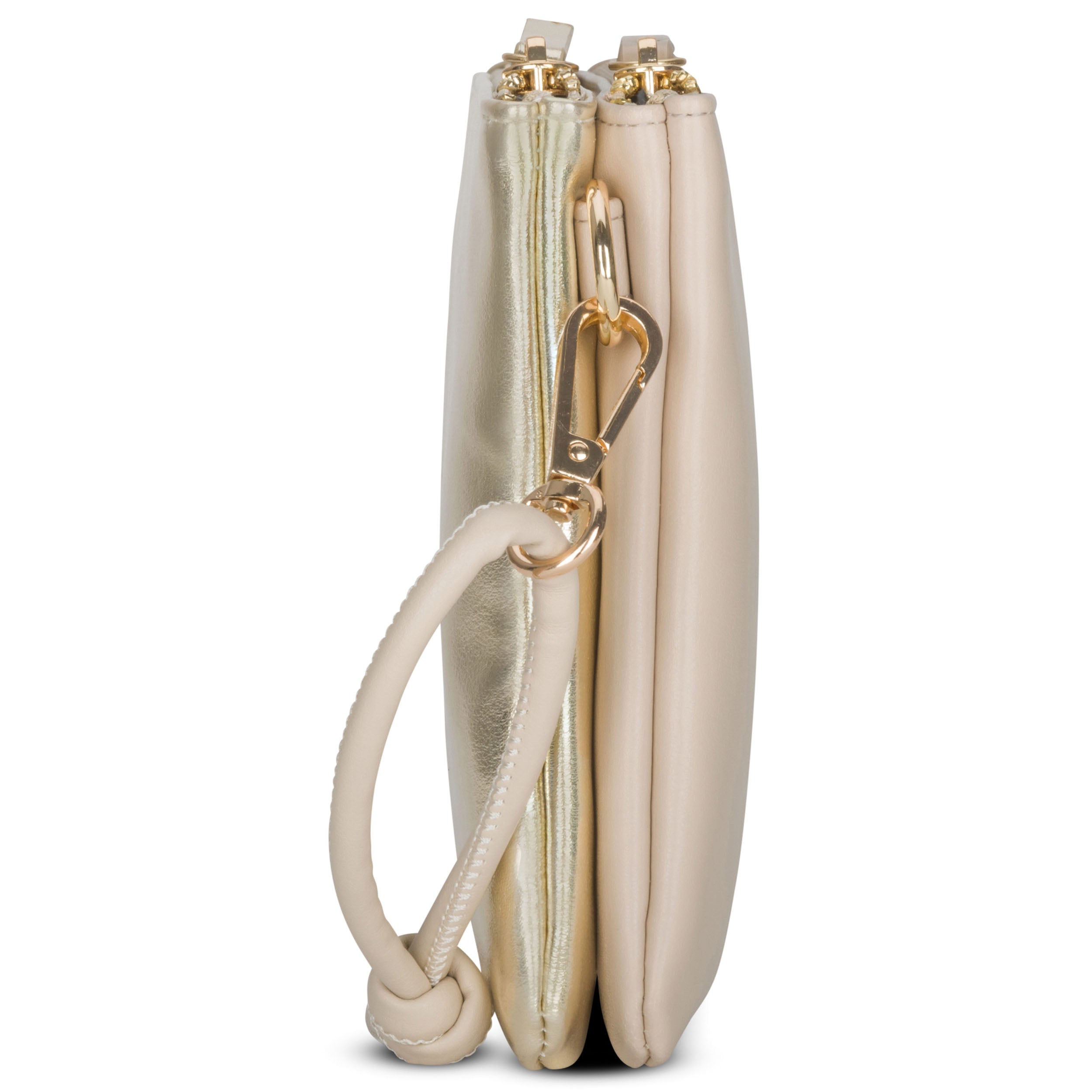 Clutch Emilie in zweifarbigem Design aus gold-metallic und beige Leder mit goldfarbenem Karabiner und beige Lederlasche