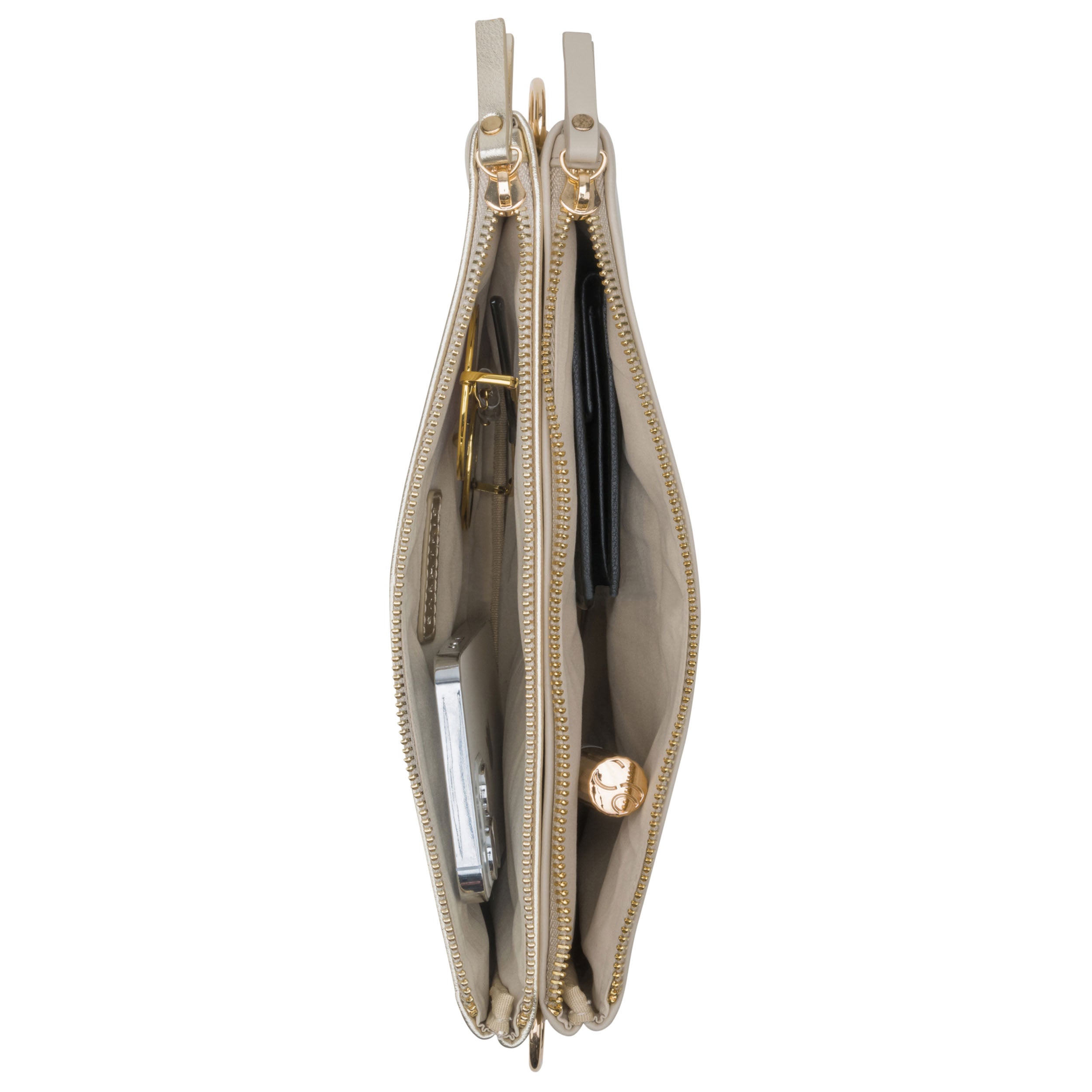 Clutch Emilie in altbeige mit zwei Reißverschlussfächern, innen befüllt mit Lippenstift, Geldbörse und Mobiltelefon