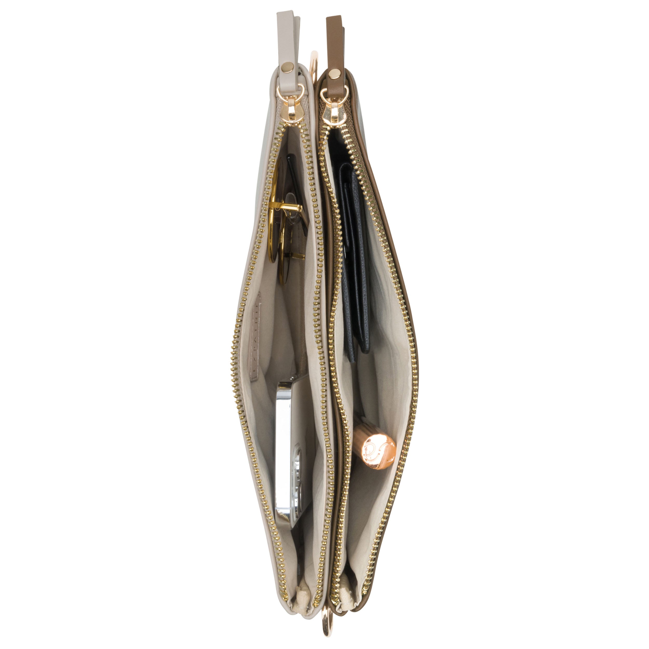 Beige-braune Clutch Emilie mit zwei Reißverschlussfächern und Innenfächern