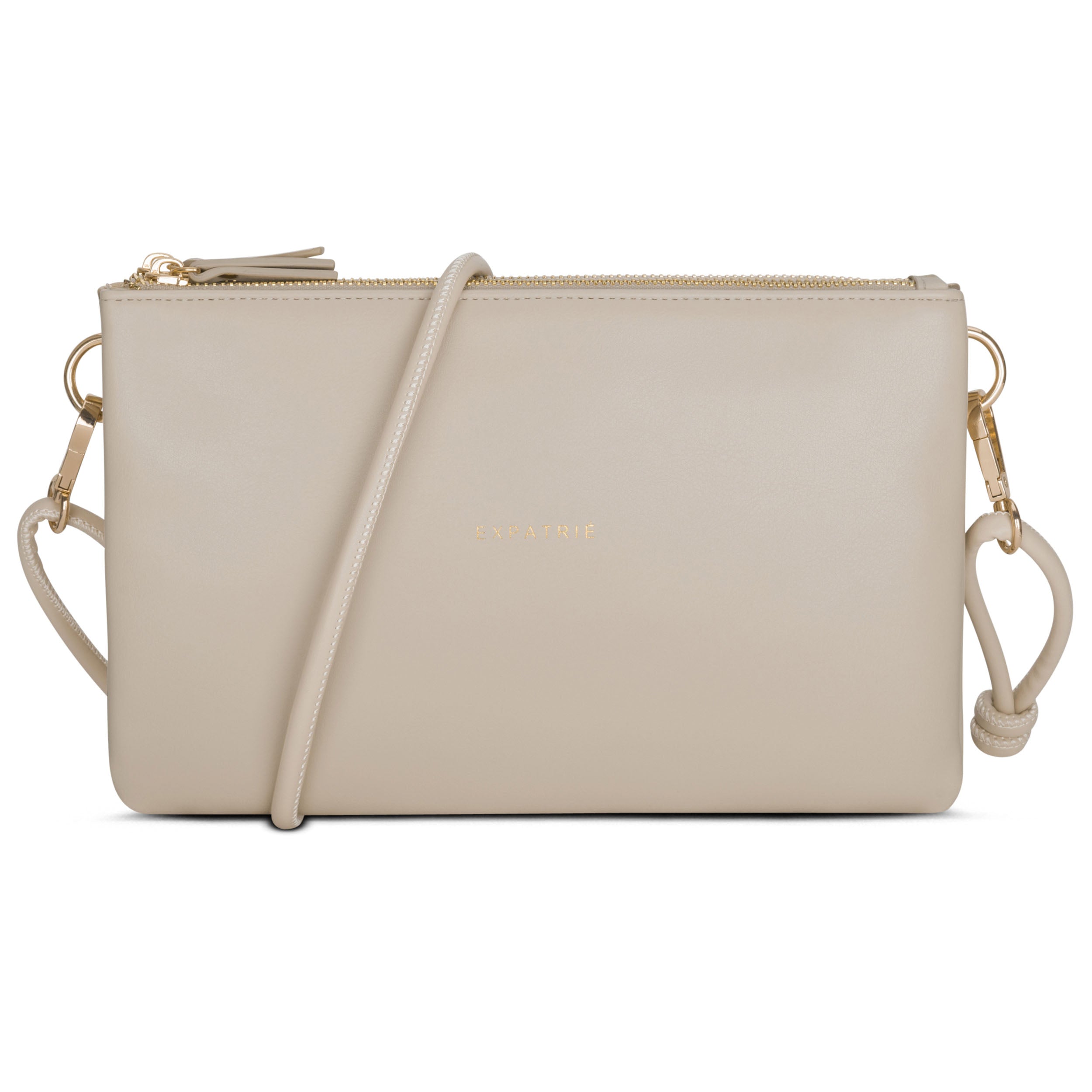Beige-goldene Clutch Emilie mit abnehmbarem Umhängegurt und goldfarbenem Reißverschluss