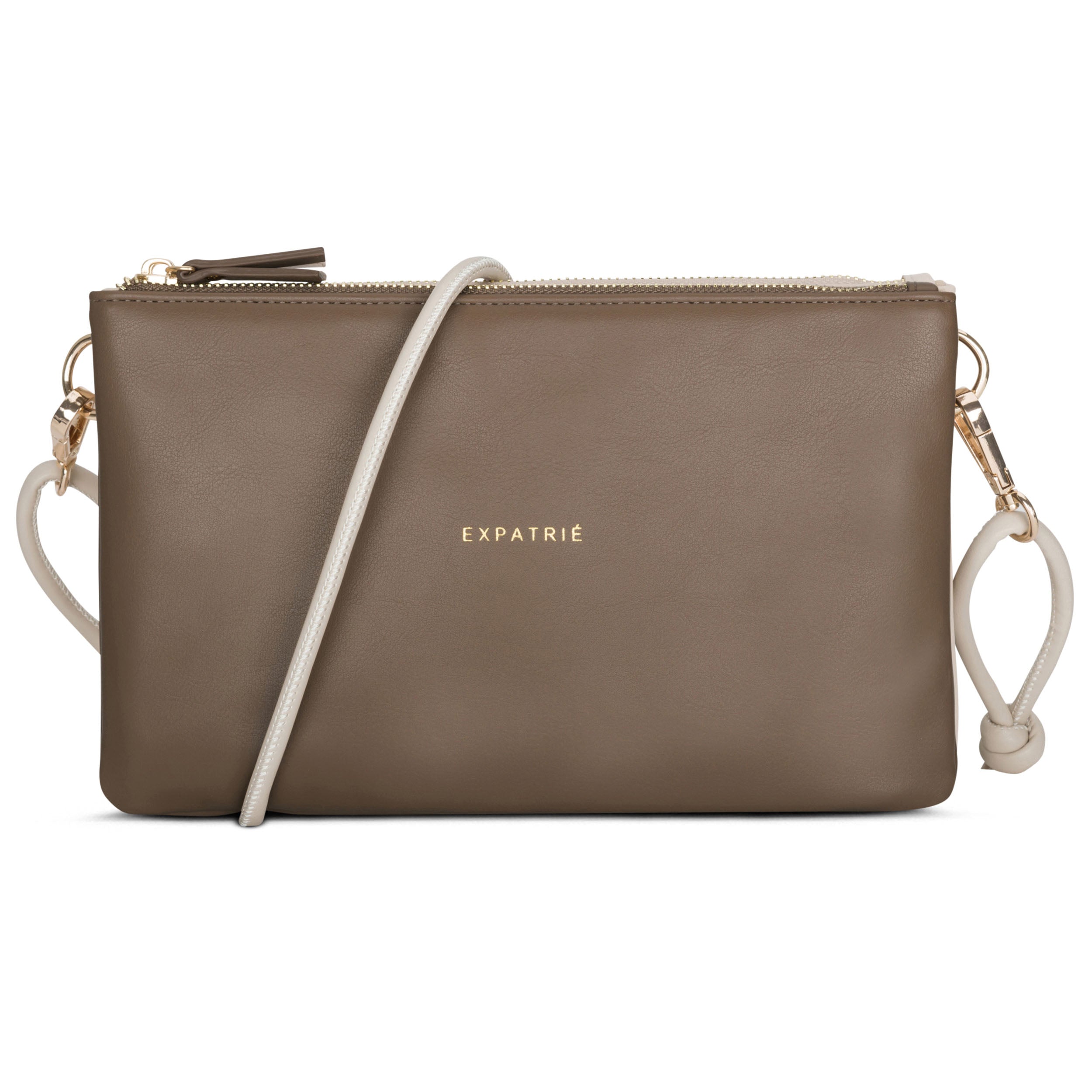 Clutch Emilie von Expatrié in braun-beige mit goldfarbenen Details und abnehmbarem Umhängeriemen