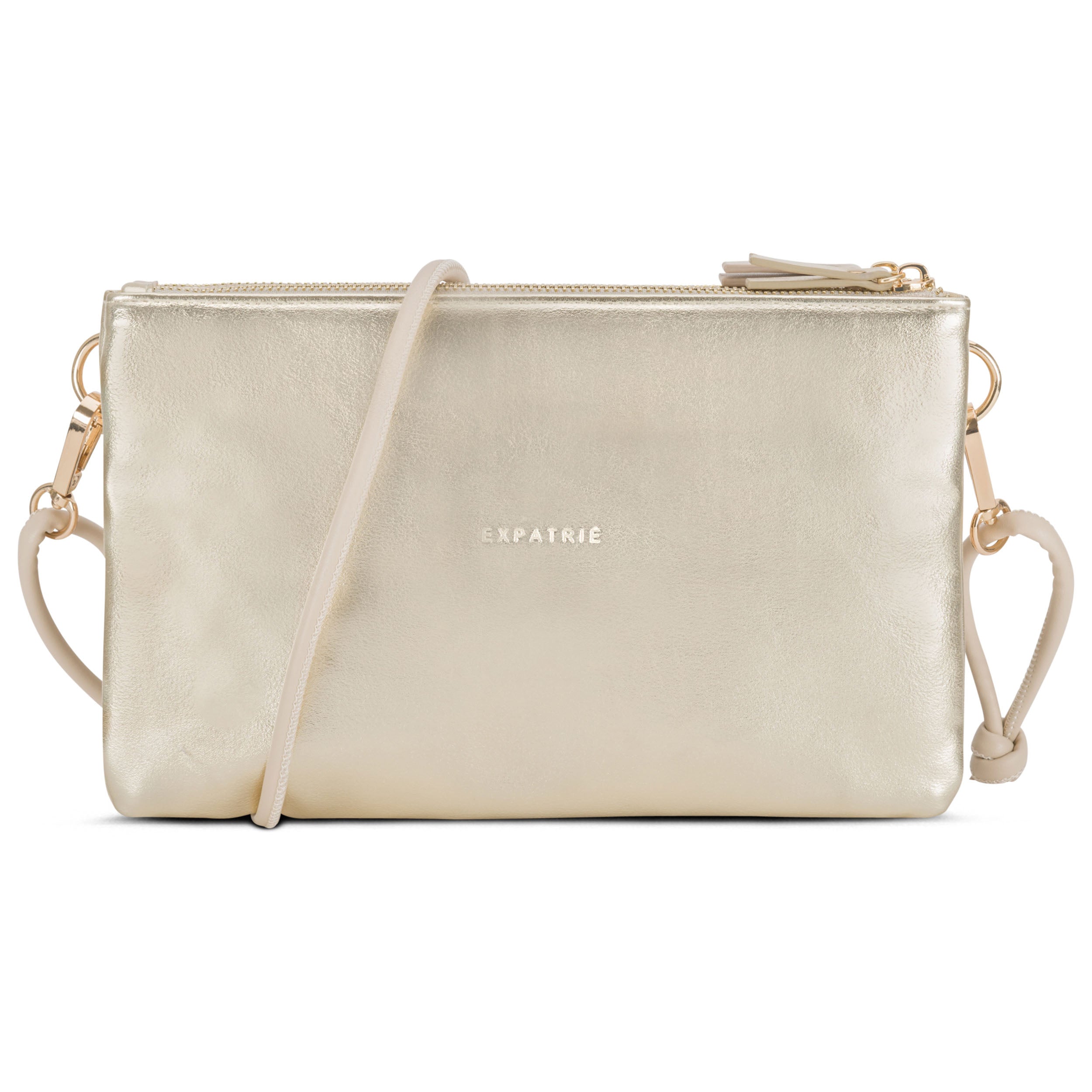 Clutch Emilie von Expatrié in gold-beigem Leder mit Reißverschluss und abnehmbarem Tragegurt