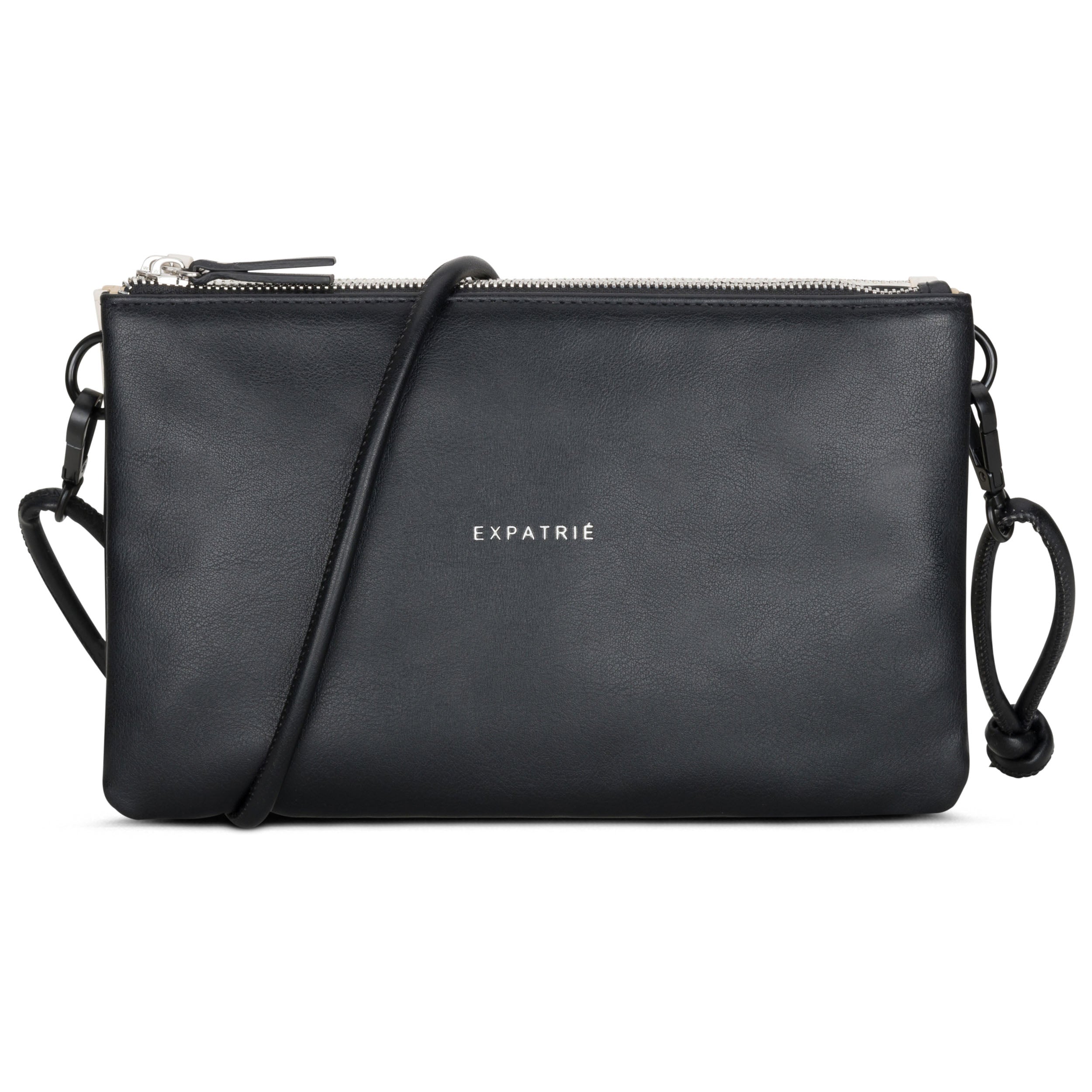 Schwarze Clutch Emilie aus Leder mit Reißverschluss und verstellbarem Umhängeriemen